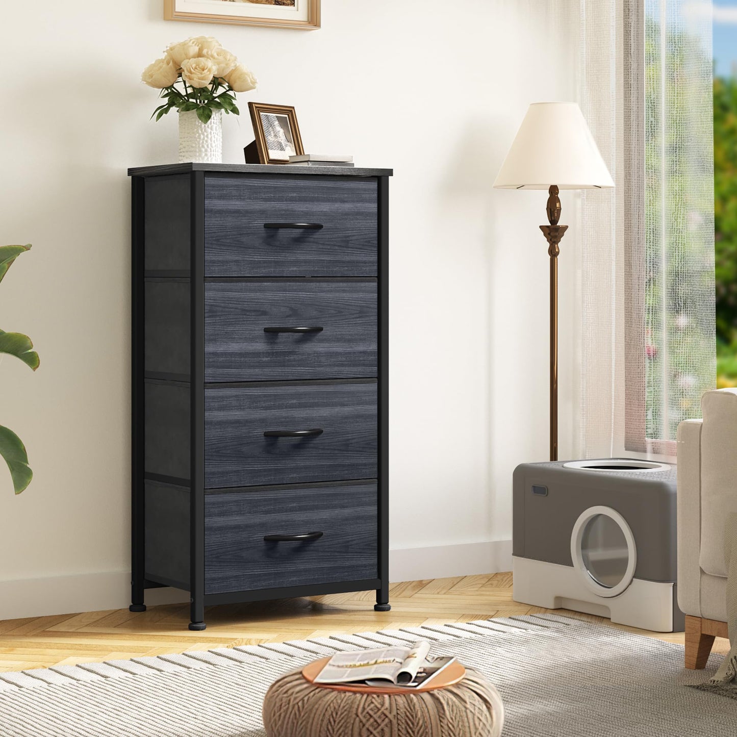 DWVO 4 Drawers Dresser, Dresser for Bedroom, Fabric Storage Tower, Chest of Drawers, Organizer Unit for Closets, Living Room, Sturdy Steel Frame, Wooden Top, Easy Pull Fabric Bins