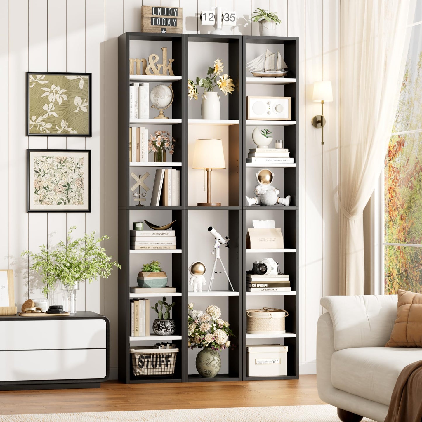FOTOSOK 8-Tier Media Tower Rack, 11.6 X 9.3 X 71 Inches CD DVD Slim Storage Cabinet with Adjustable Shelves, Tall Narrow Bookcase Display Bookshelf for Home Office, Black/White