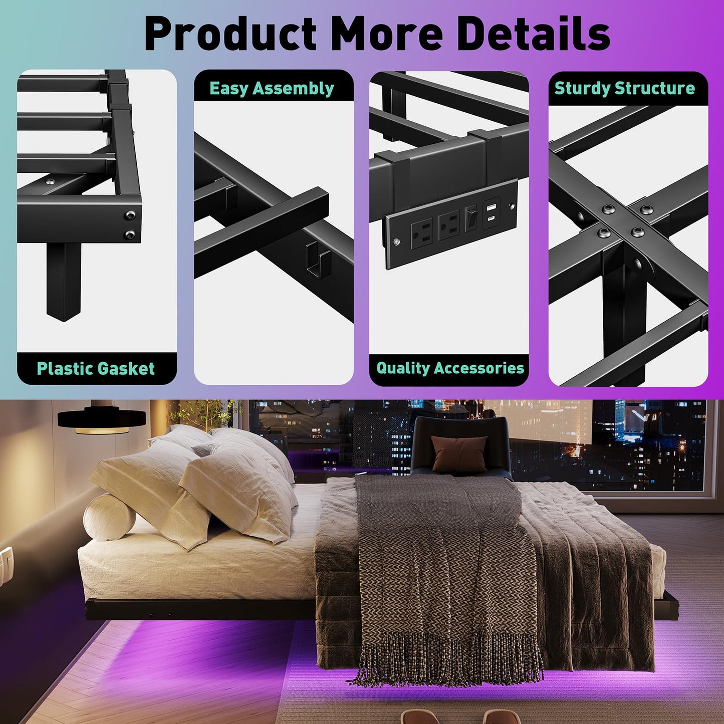 AGXI Floating Bed Frame with LED Lights and Charging Station, 10 Inch Floating Bed Frame Full, Metal Platform Full Bed, No Box Spring Needed, Easy to Assemble