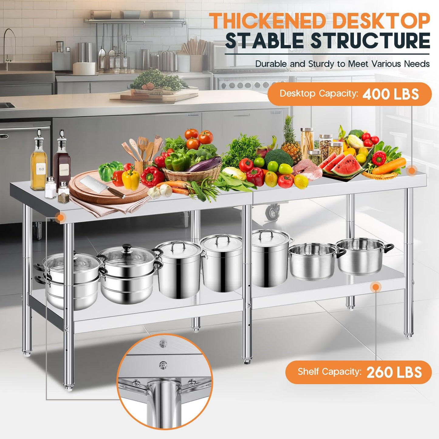 30" x 82" Commercial Stainless Steel Prep Table with Adjustable Under Shelf & Feet - Ideal for Kitchen, Restaurant, Hotel, Garage Workstation