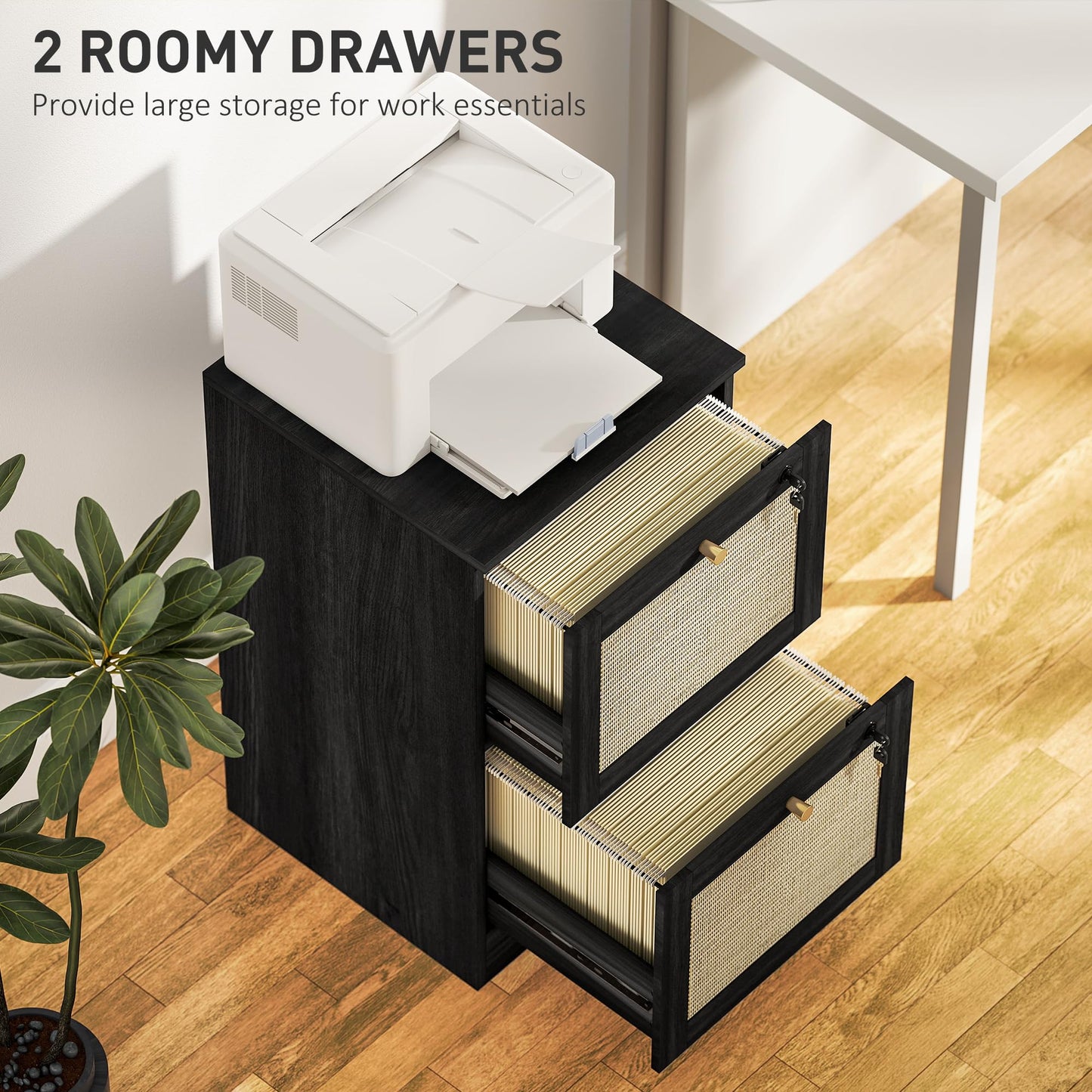 HOMCOM 2 Drawer File Cabinet with Lock, Boho Vertical Filing Cabinet for A4 Letter Size Files, Printer Stand with Decorative Rattan Accents for Home Office, Black
