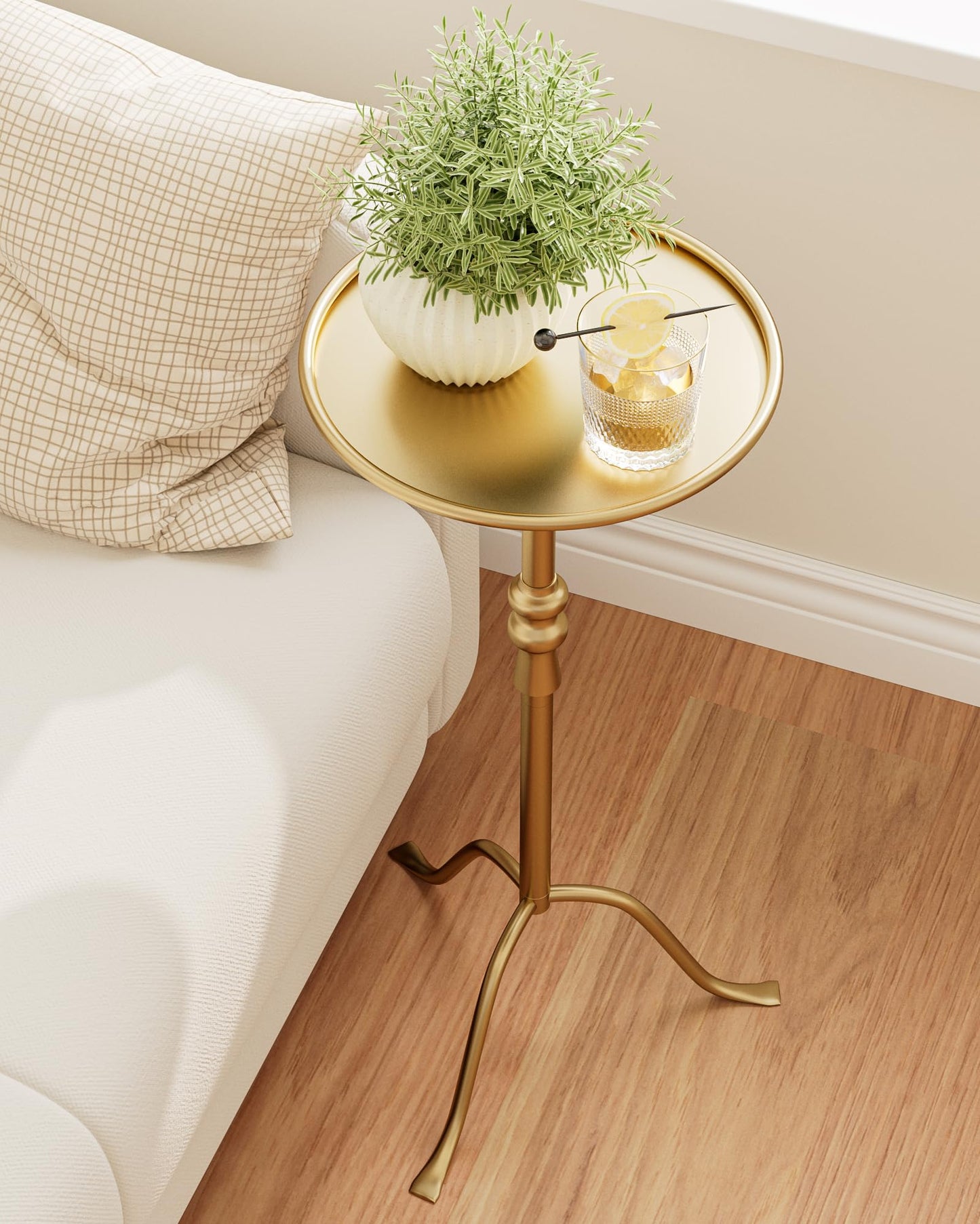 AEPOALUA Brass Distressed Iron Round Pedestal End Table, 25 Inch Vintage Martini Cocktail Accent Table with Tray Top for Living Room, Bedroom (Gold)
