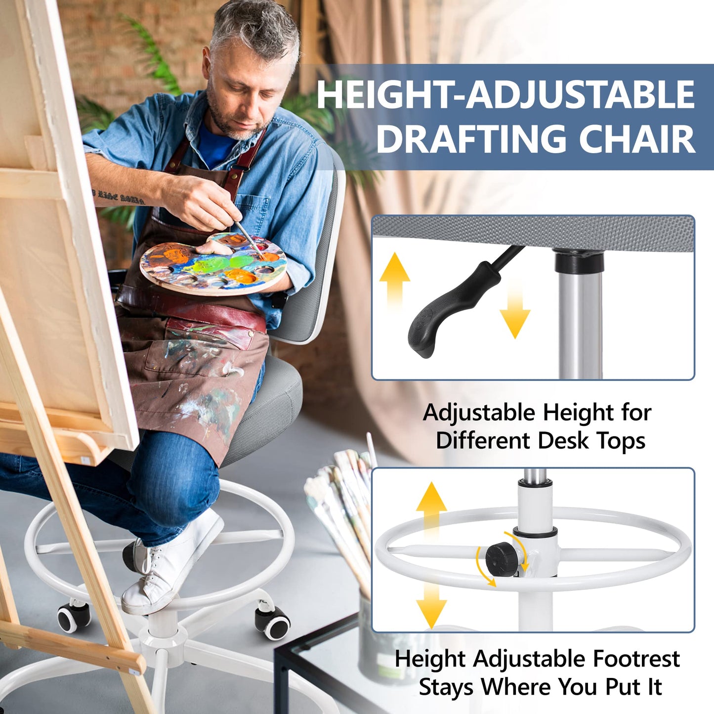 Primy Armless Tall Desk Chair, Adjustable Height and Footring, Mid-Back Ergonomic Standing Desk Chair Mesh Rolling Tall Chair for Art Room, Office or Home (Gray)