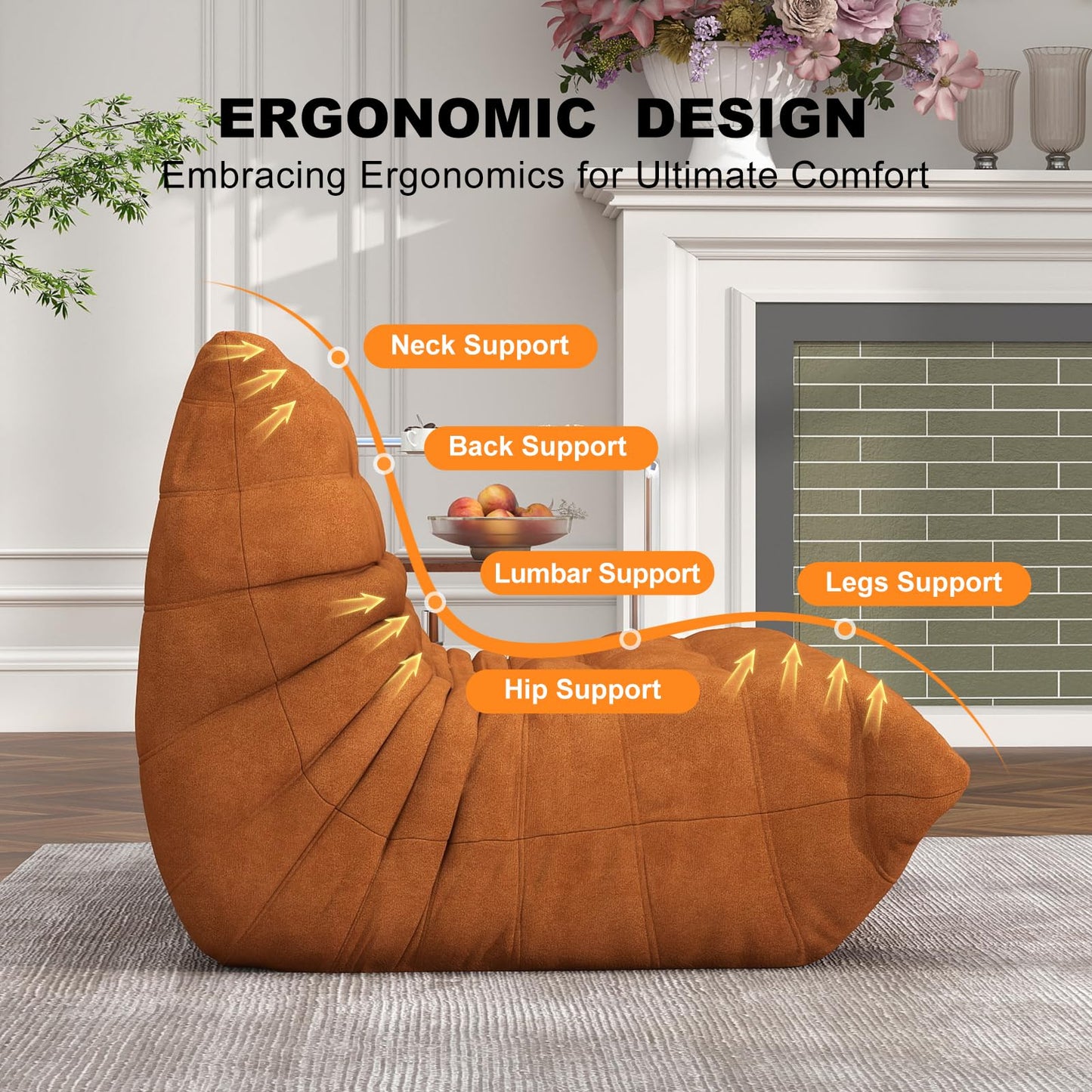 Full Foam Loveseat Sofa,Adults Bean Bag Chairs Floor Couch with Soft Waterproof Fabric,Armless Fireside Lounge Chair for Living Room,Apartment and Office (DarkOrange)