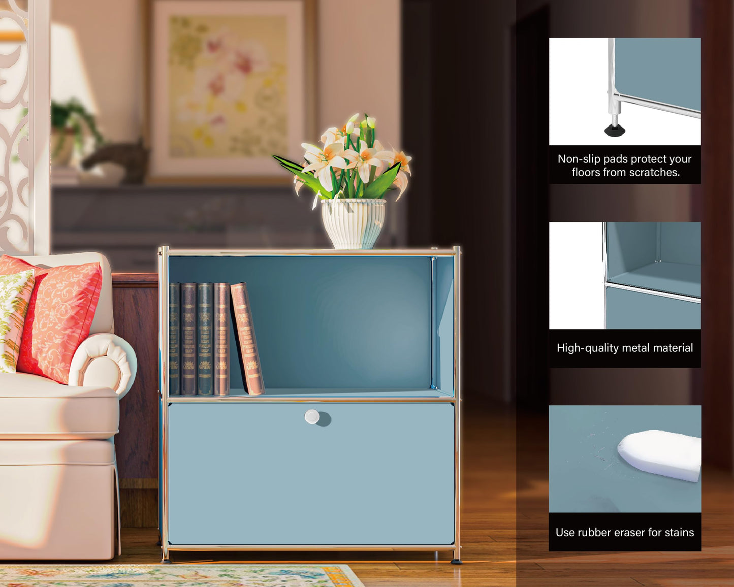 Simplink 32.5-Inch Flip-Top Side Table & Buffet Cabinet with Detachable Wheels, Ample Storage, DIY Corner Bookshelf, Wall Shelf, Cube Organizer, Bedside Table – Modern Home Decor, Blue
