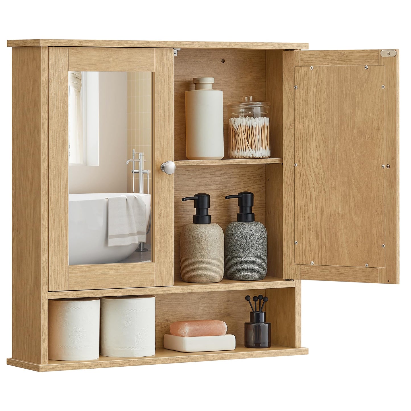 VASAGLE Bathroom Cabinet with Mirror, Wall Cabinet with 2 Mirrored Doors, Adjustable Shelf, Open Compartment, Wall-Mounted, 5.1 x 22.2 x 23 Inches, Natural Oak ULHC003Y01