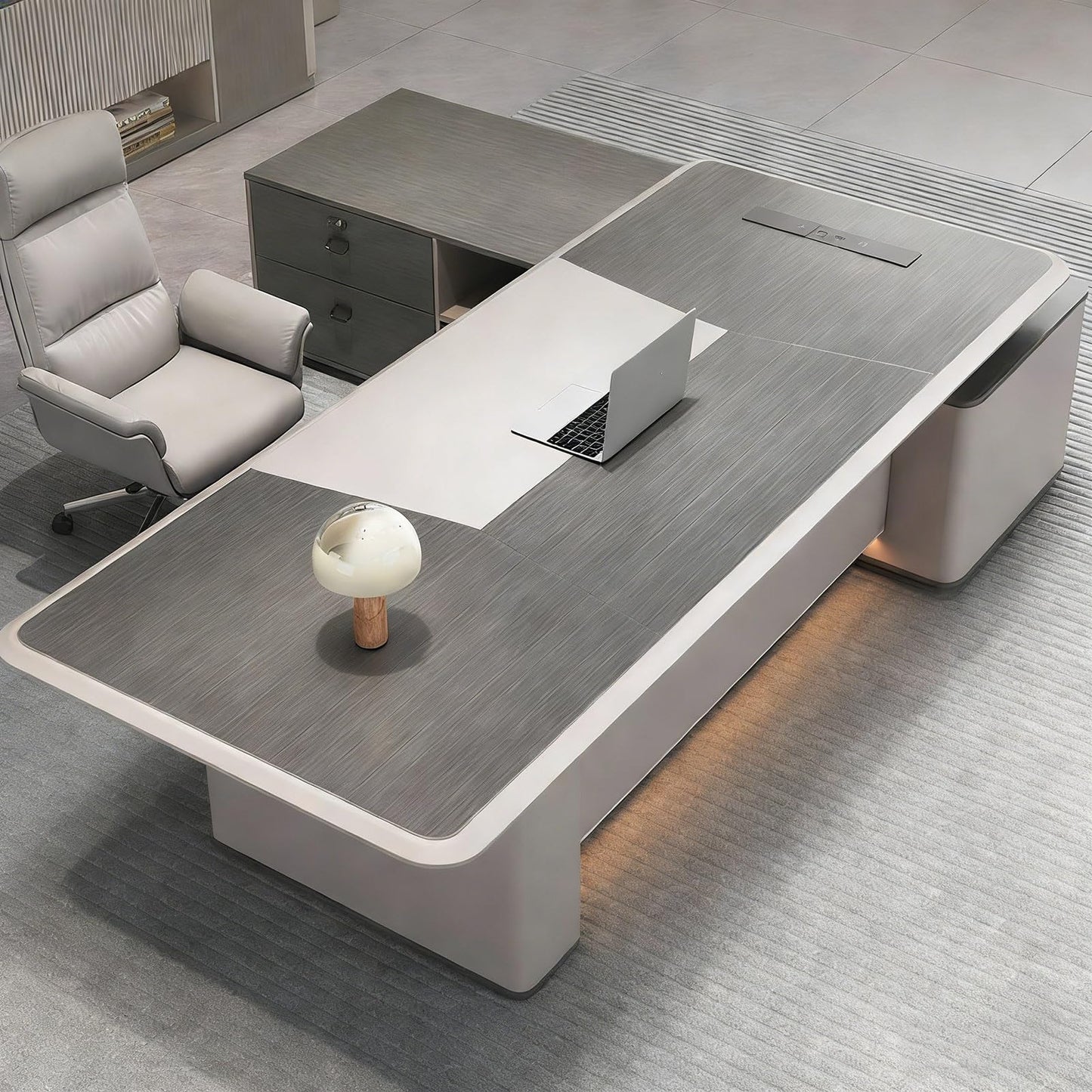 LSIGHTUS Gray L Shaped Executive Office Desk with Cabinet, Modern Large Home Computer Desk with Thickened Tabletop and Cable Management Box Study Gaming Table Business Furniture for CEO, Boss