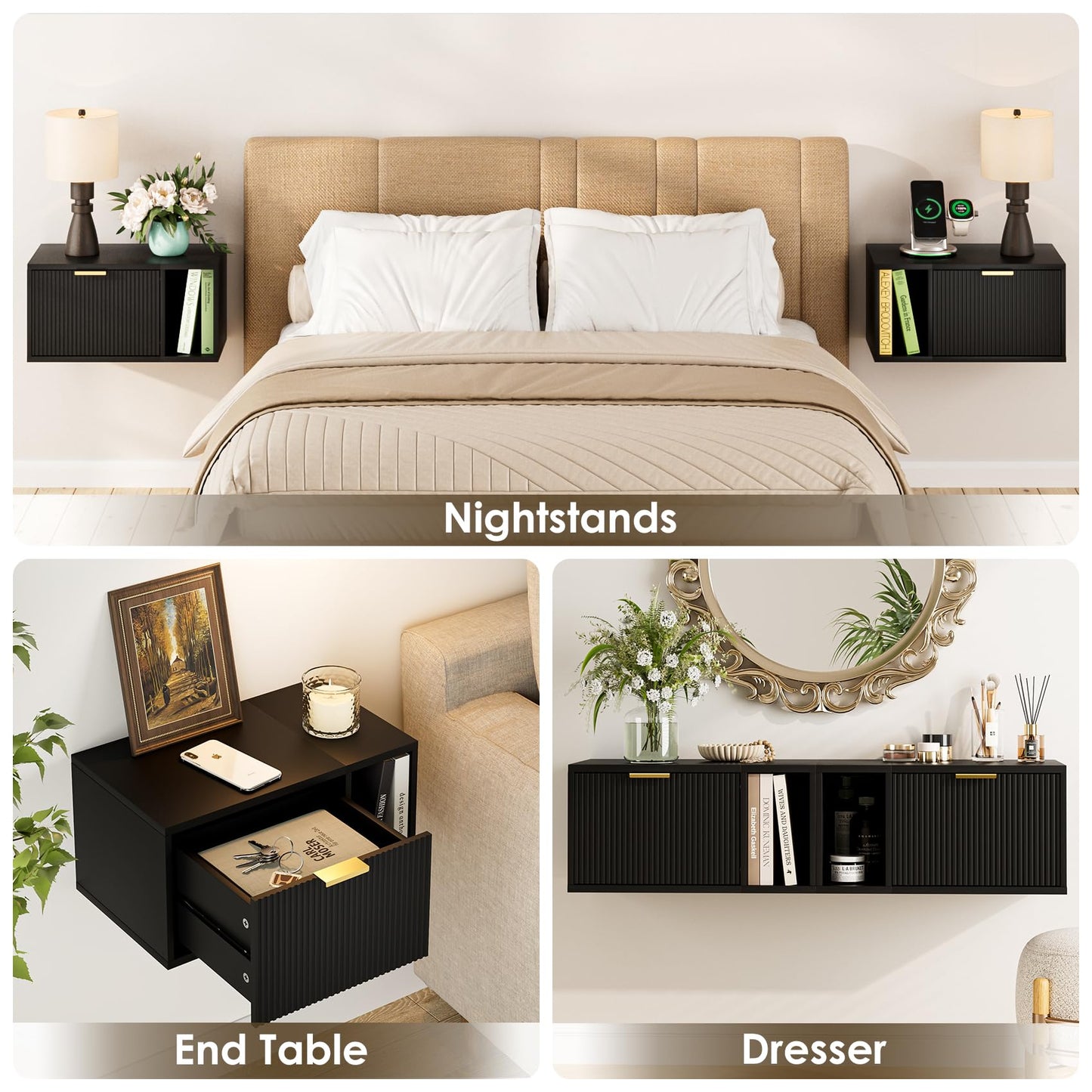 Masupu Floating Nightstand, Wall Mounted Floating Bedside Table with Storage Drawer and Open Shelf, Modern Bedroom Nightstand, 19.3" x 11.4" x 10", Black