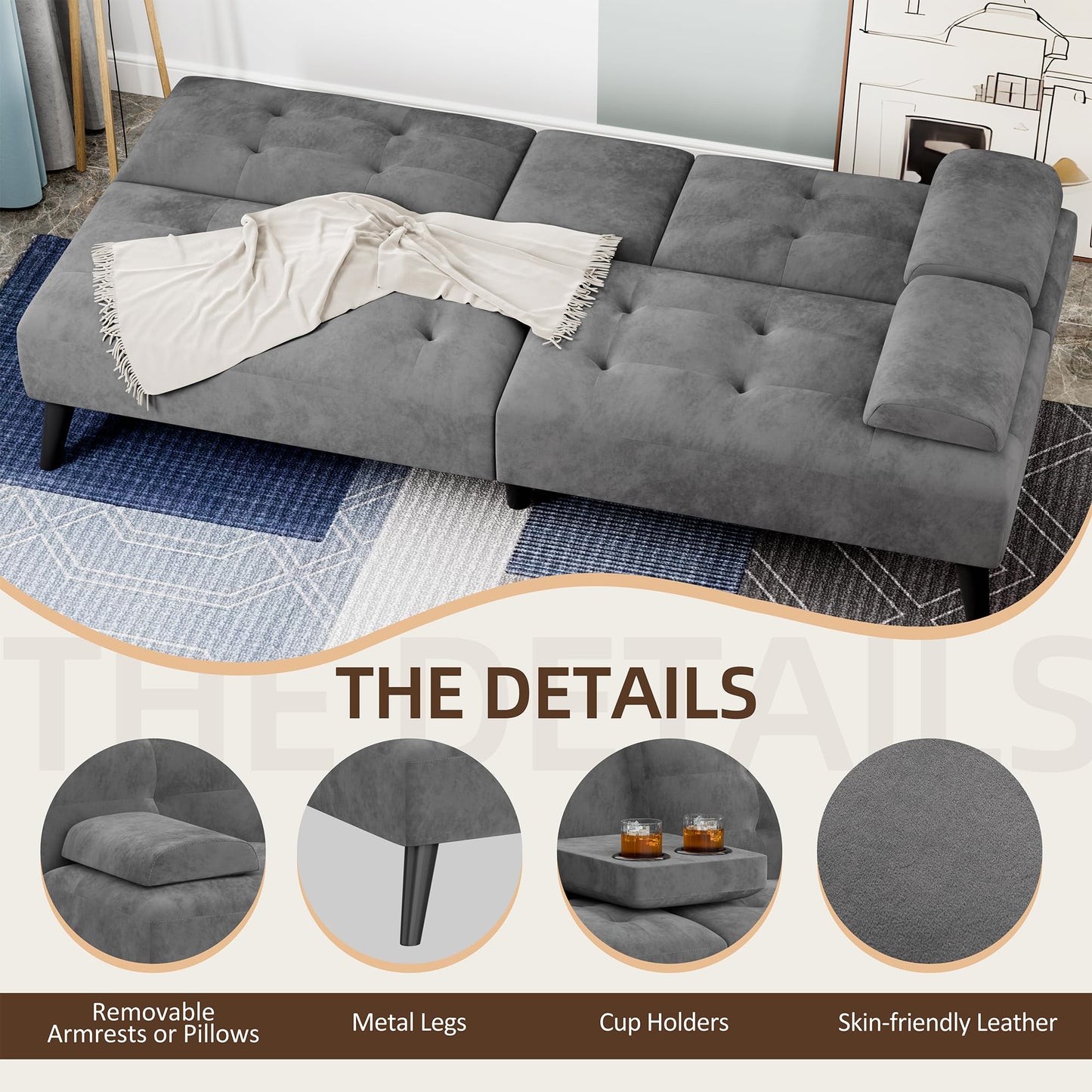 Shintenchi Futon Sofa Bed, Velvet Foldable Couch, Reclining Sleeper with Removable Armrests, Upholstered Loveseat Sofa Couch with Folding Cup Holders for Home, Office, Dark Grey