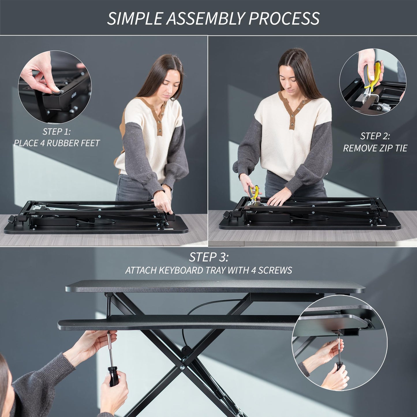 VIVO 26 inch Desk Converter, K Series, Height Adjustable Sit to Stand Riser, Dual Monitor and Laptop Workstation with Keyboard Tray, Dark Walnut Top, Black Frame, DESK-V026KA