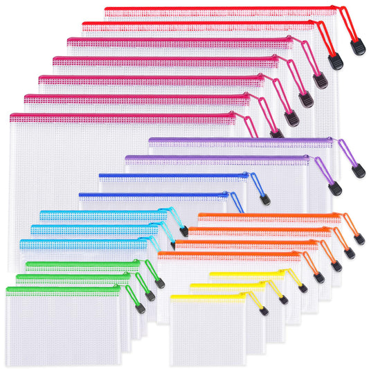 24pcs Mesh Zipper Pouch Bags - 8 Sizes Plastic Zipper Pouches for Organization, Mesh Bags with Zipper, Waterproof Clear Travel Pouches, UMETDO File Bag with Zipper for Office Supplies