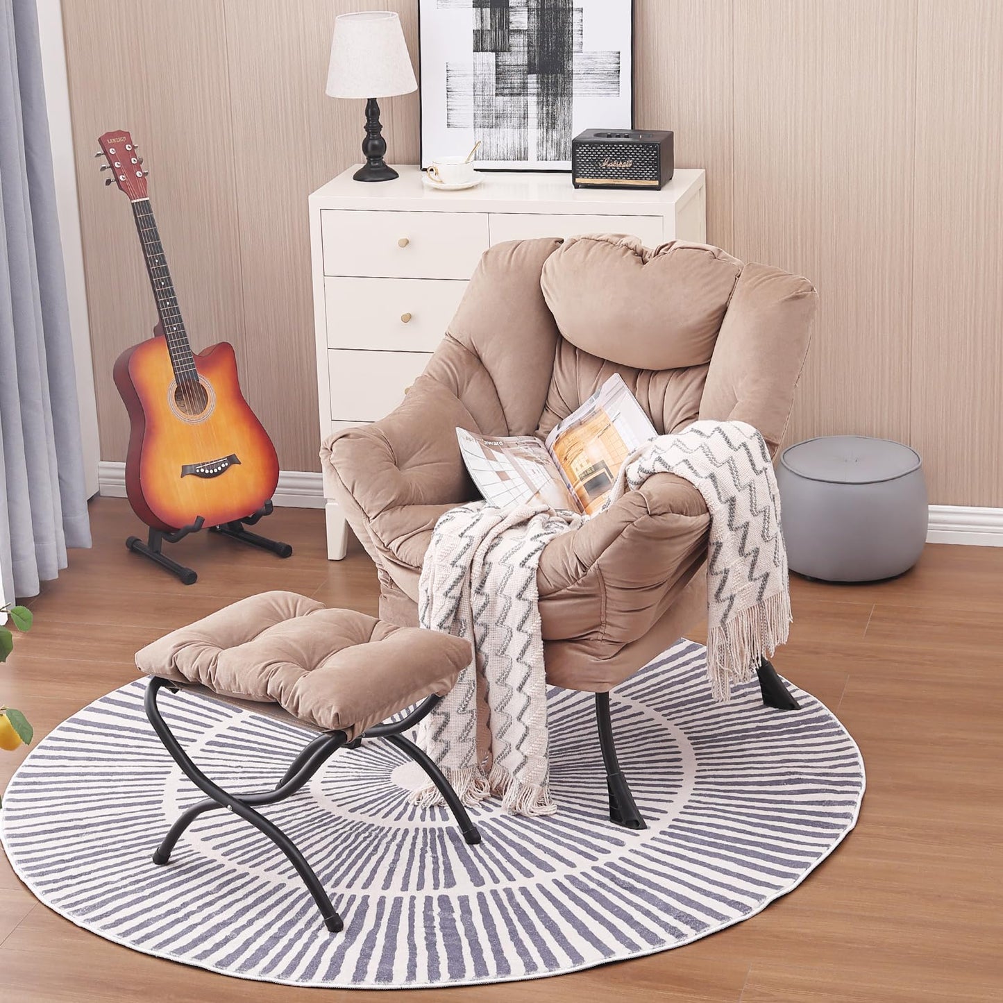 Givjoy Lazy Chair and Ottoman, Large Velvet Brown Accent Chair with a Side Pocket, Modern Leisure Upholstered Sofa Reading Armchair with Footrest for Office, Bedroom, Living Room, Dorm Rooms, Balcony