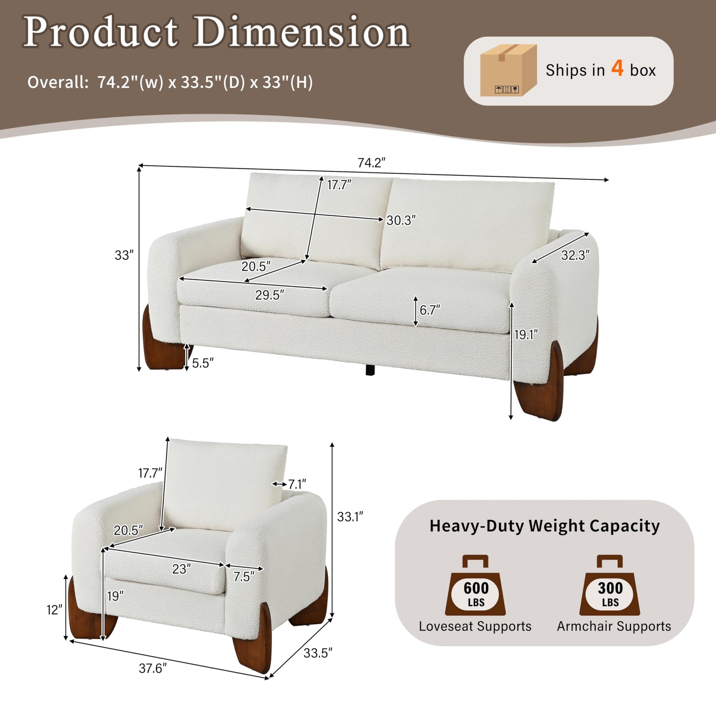3 Piece Living Room Sofa Furniture Set, Loveseat and 2 Armchairs, Comfortable Modular Sofa for Apartment, Living Room, Beige
