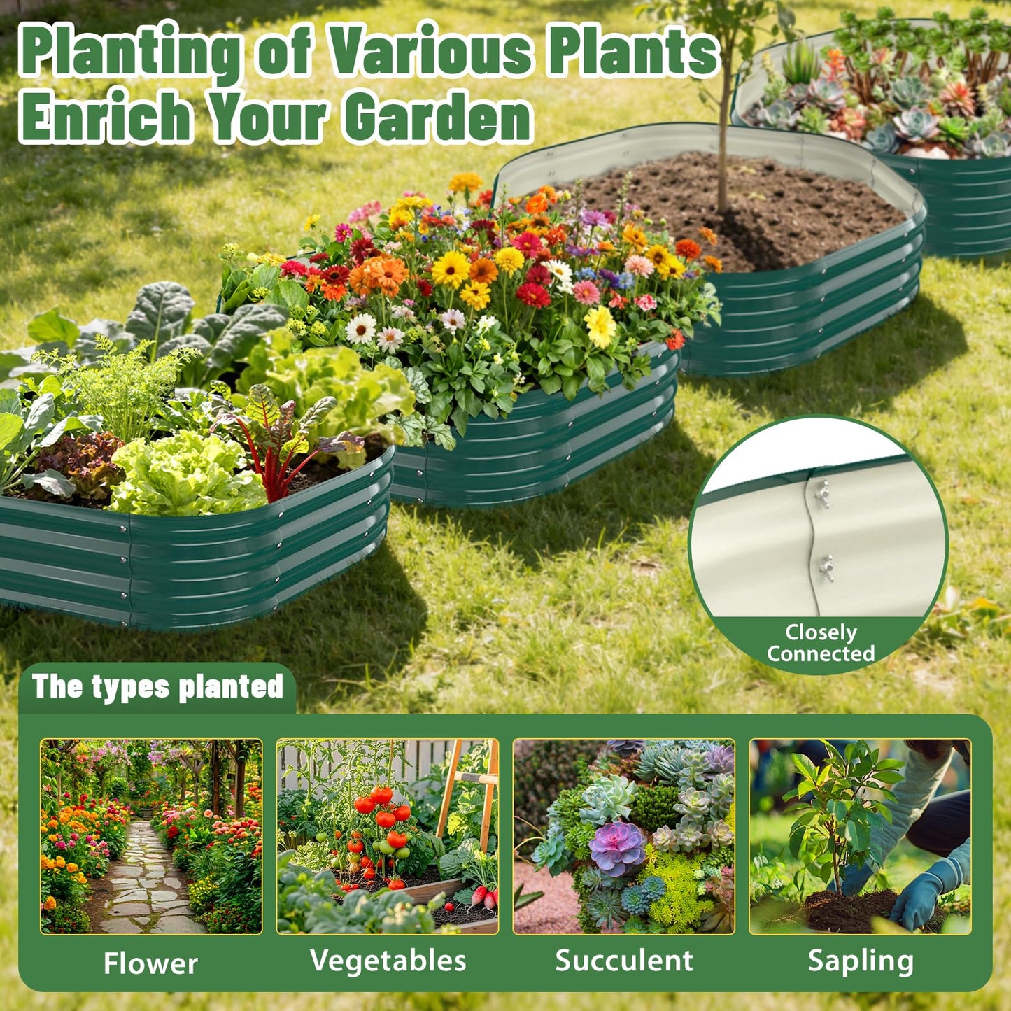 VAMFUTRE Hexagon Raised Garden Bed, 48 Inch Diagonal & 12 Inch Tall, Galvanized Steel Planter Box with Wave-Shaped Metal Panels for Outdoor Flower,Tree,Herb & Vegetable Garden (Dark Green, 4FT X 1FT)