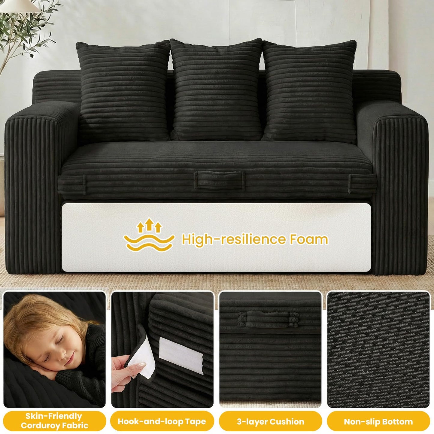 Boneless Couch,3 Seater Boneless Couch Bed – 3-in-1 Convertible Sleeper Sofa with Side Pockets & Handle,Pull Out Corduroy Futon for Small Space,Living Room & Bedroom,3 Pillows Included,No Assembly