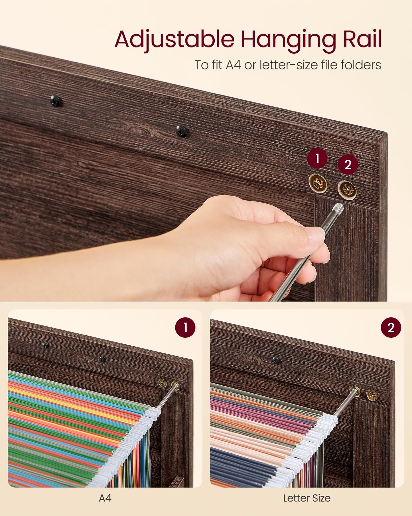 VASAGLE File Cabinet, Filing Cabinet with 2 File Drawers, Printer Stand, Fit A4, Letter Size, Hanging File Folders, Modern Farmhouse Style, for Home Office, Maroon Brown UOFC048K01