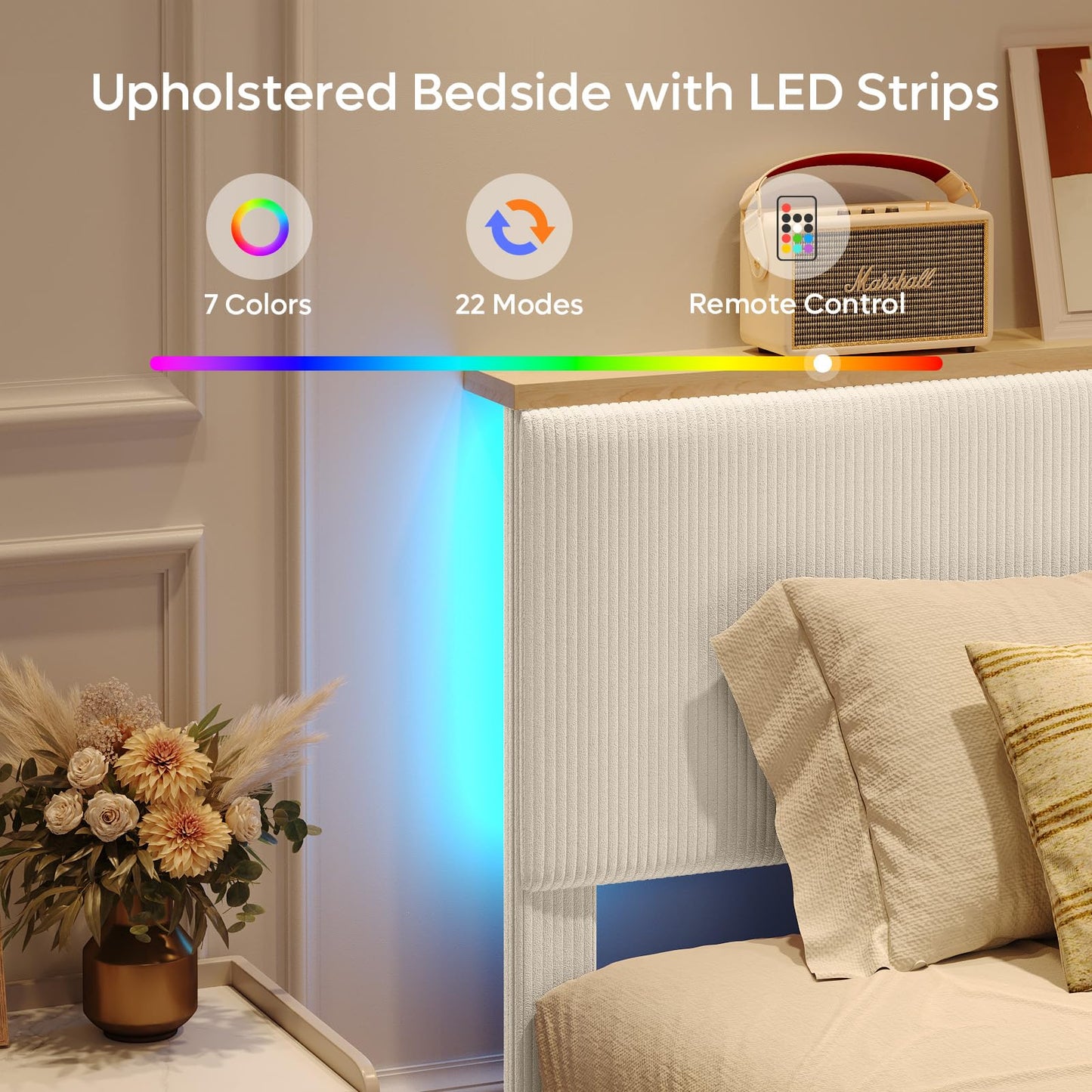 Bestier King Bed Frame with Adjustable Headboard & LEDLighting, Corduroy Upholstered Platform Bed Frame withStorage Shelf, Solid Wood Slats, No Box Spring Needed,Never Squeak, Easy Assembly, Beige