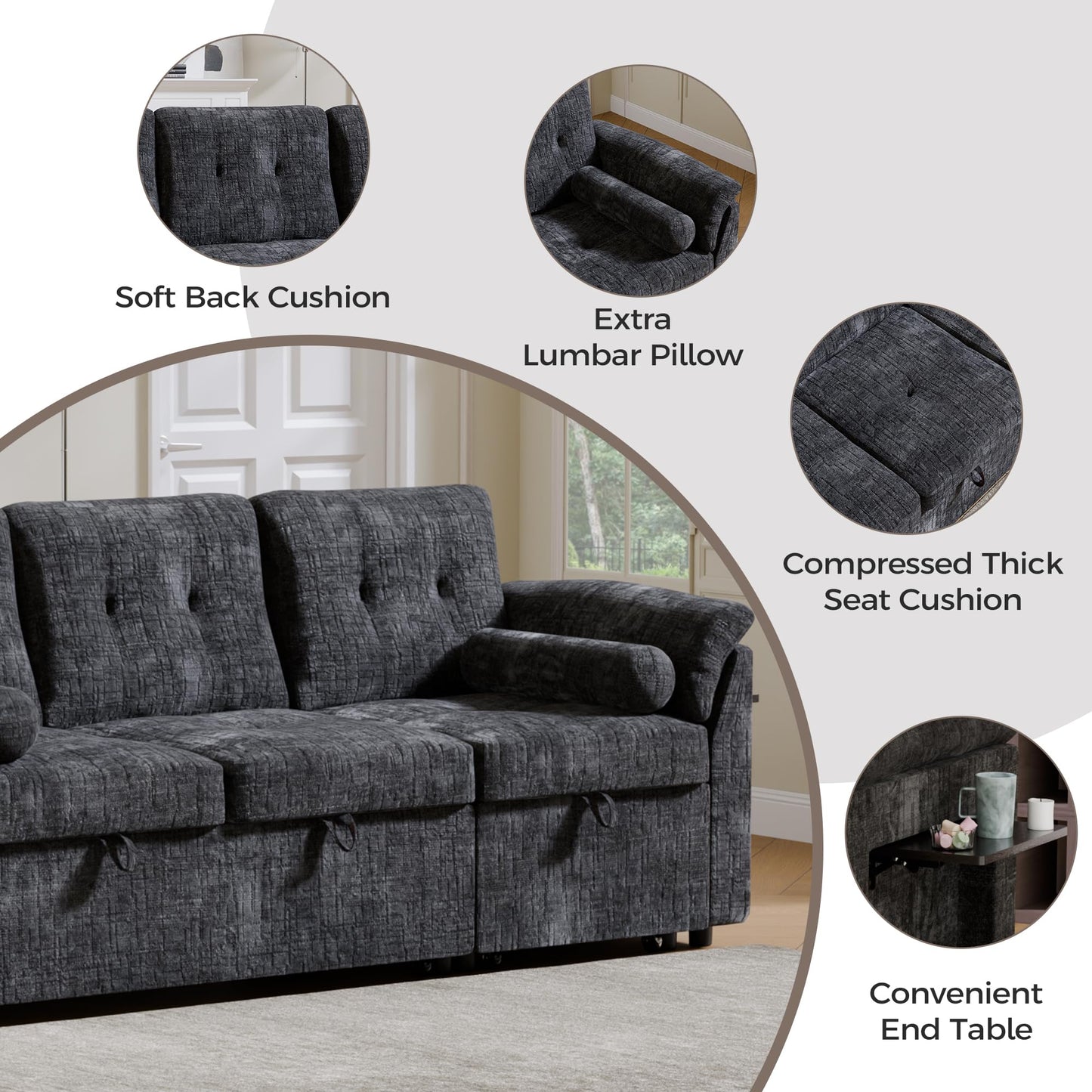 Trygoal Convertible Sleeper Sofa Bed, 63 Inch Chenille Pull Out Couch with Side Table & Adjustable Backrest, Sectional Sleeper Sofa with Pull Out Bed for Living Room, Apartment, Black