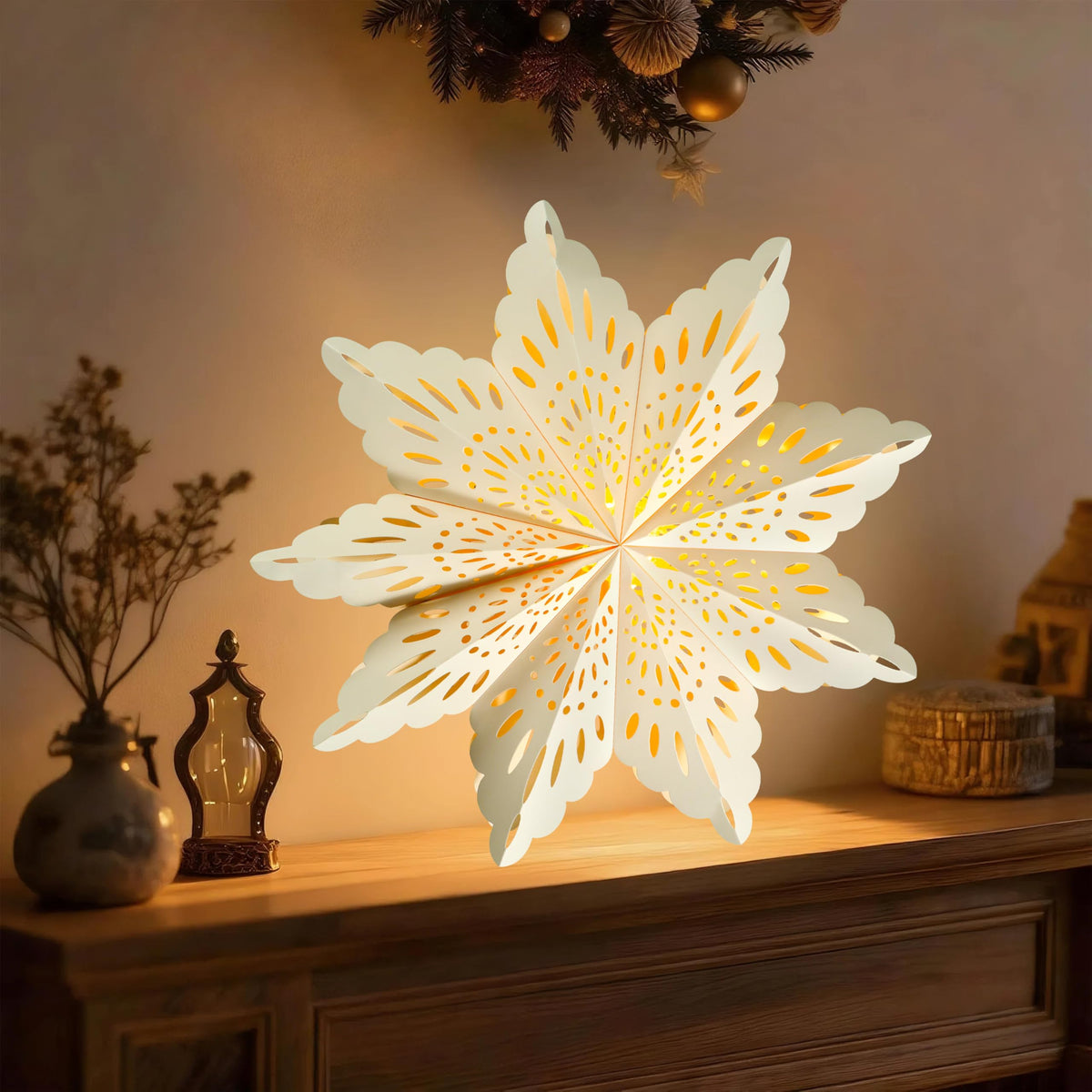 12 Pcs Christmas Paper Snowflake Lanterns, 3D Christmas Paper Star Lanterns with LED Lights, 10/12 Inch White Silver Hanging Snowflake Lamps for Xmas Winter Frozen Weddings New Year Party Decorations
