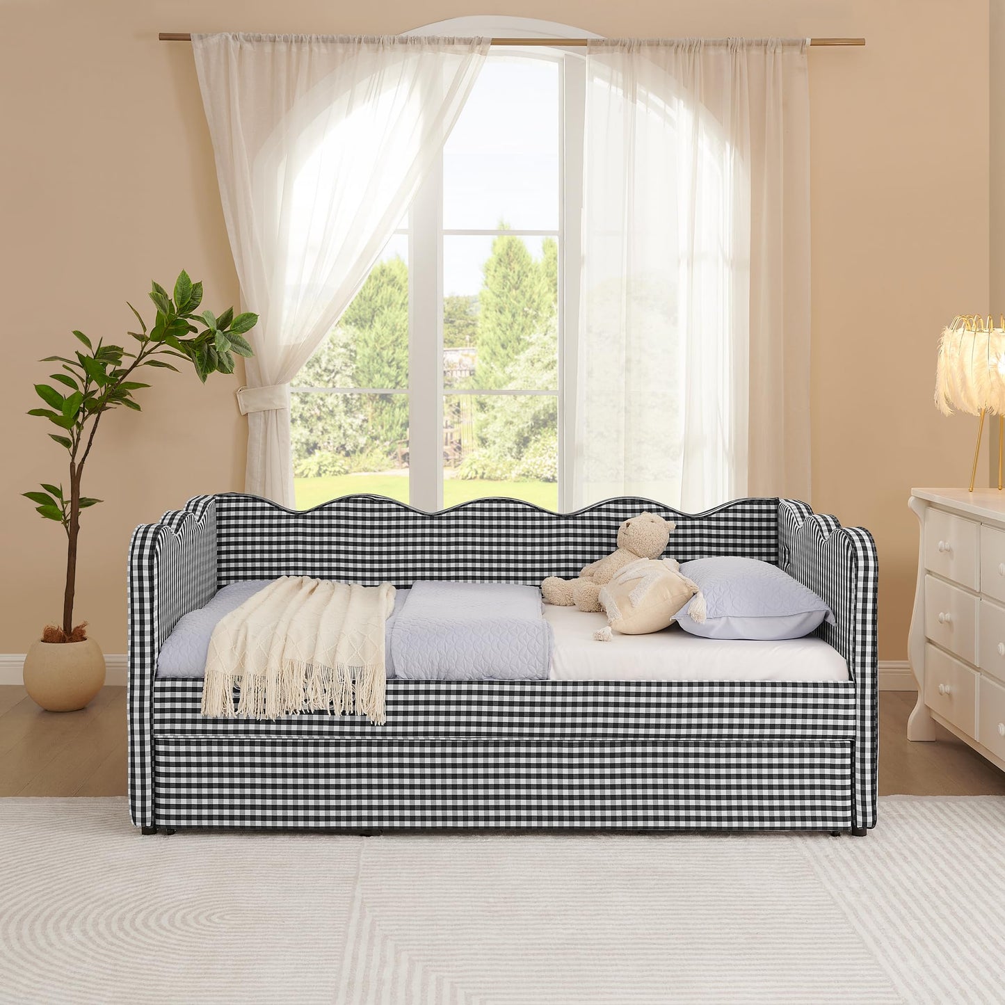 YHMHWZ Grid Linen Upholstered Daybed with Pull Out Trundle, Wave Curved Headboard Sofa Bed with USB Port, No Box Spring Required, Twin Size Guest Bed for Bedroom Guest Room