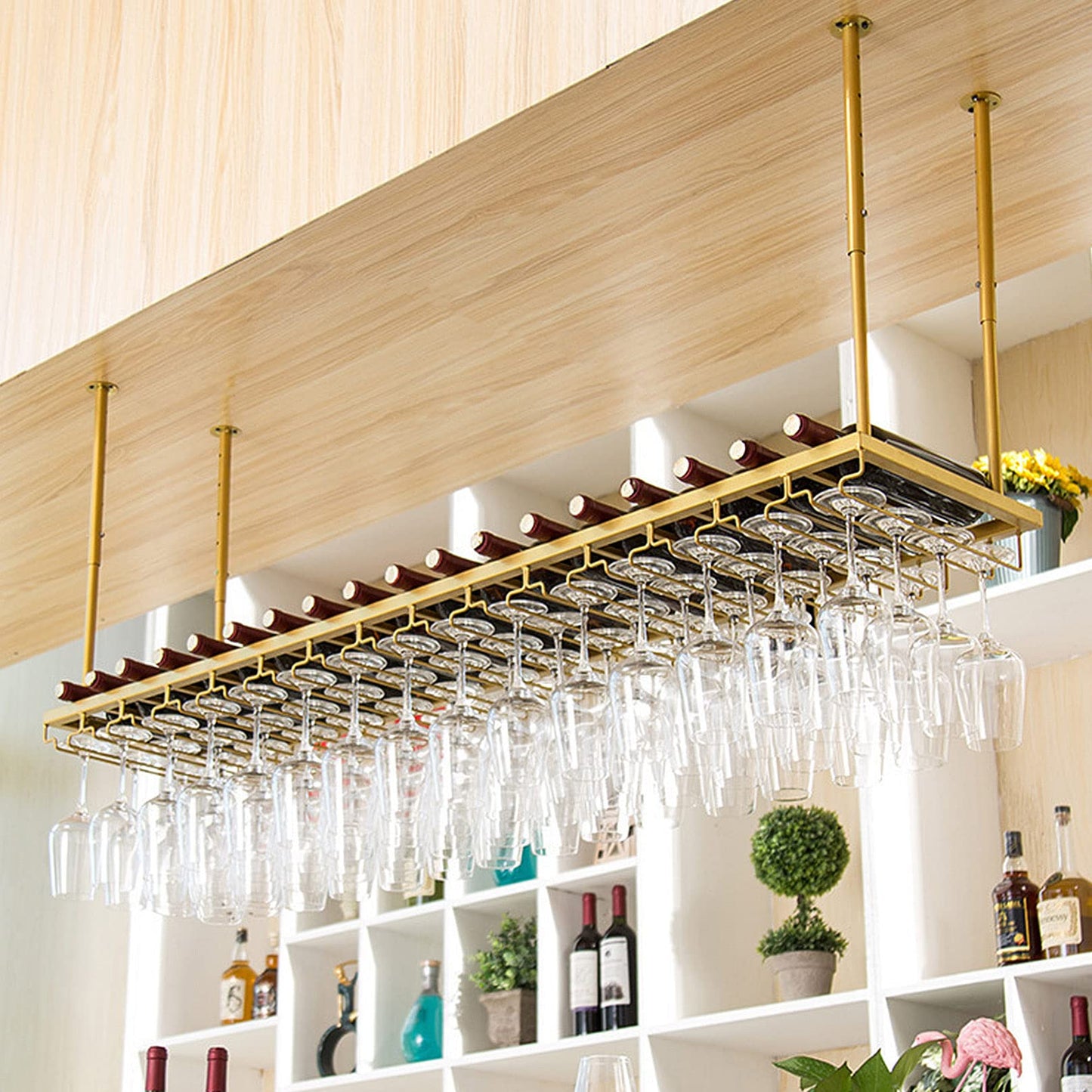 Wine Rack Wine Shelf Hanging - Height Adjustable Hanging Ceiling Wine Bottle Holder with Glass Holder Ceiling Shelf for Bar Cafe Kitchen - Gold
