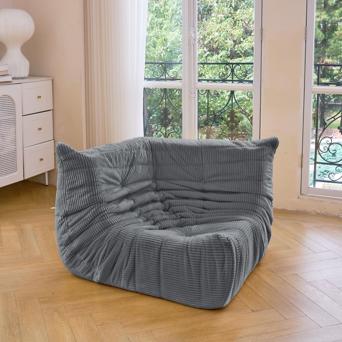 N&V Fireside Corner Chair, Mid Century Armless Floor Sofa, Soft Premium Corduroy Floor Lounge Chair, Foam Sofa Accent Chair for Living Room Bedroom and Office (Frost Grey)