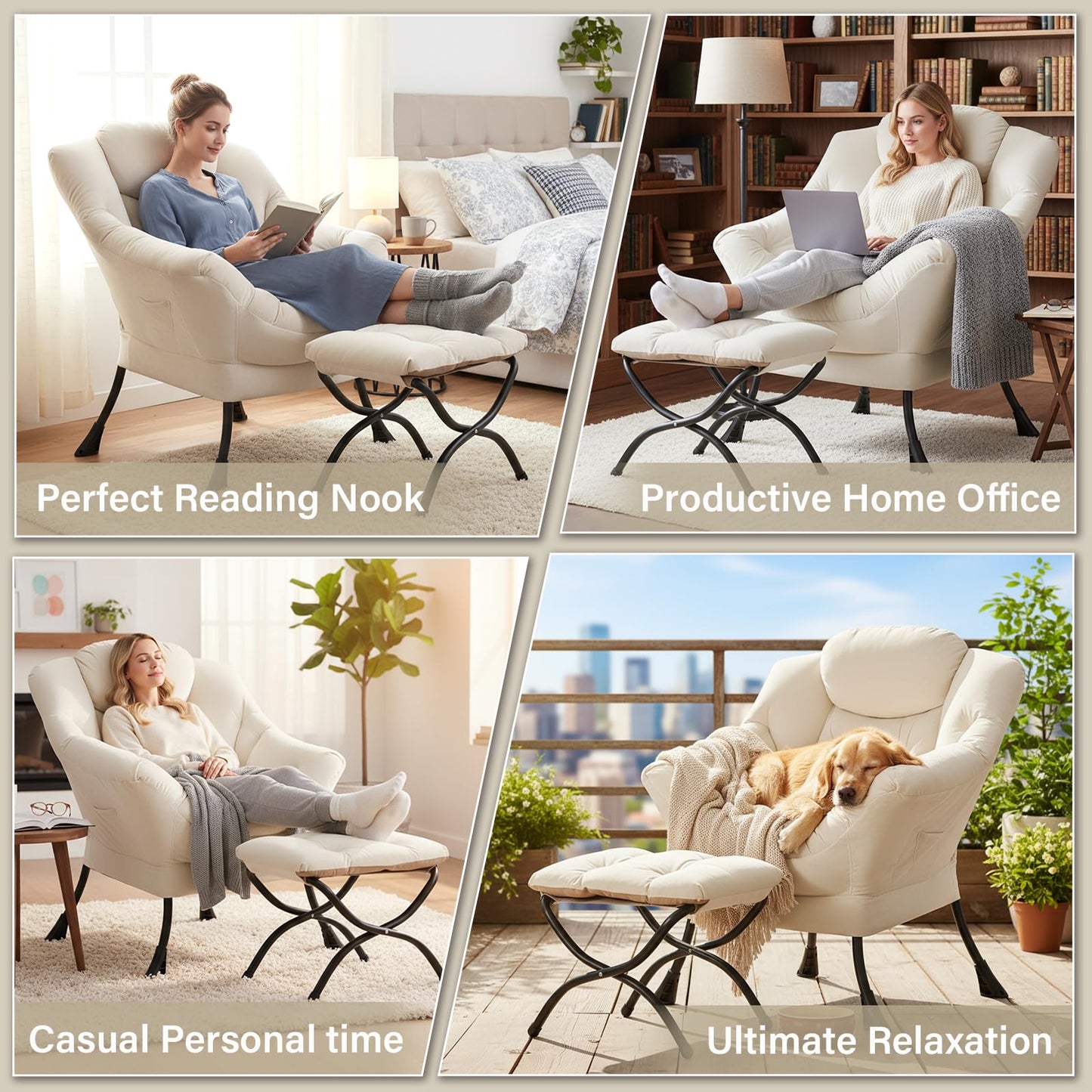 Givjoy Lazy Chair and Ottoman, Large Velvet Beige Accent Chair with a Side Pocket, Modern Leisure Upholstered Reading Armchair with Footrest for Office, Bedroom, Living Room, Dorm Rooms, Balcony