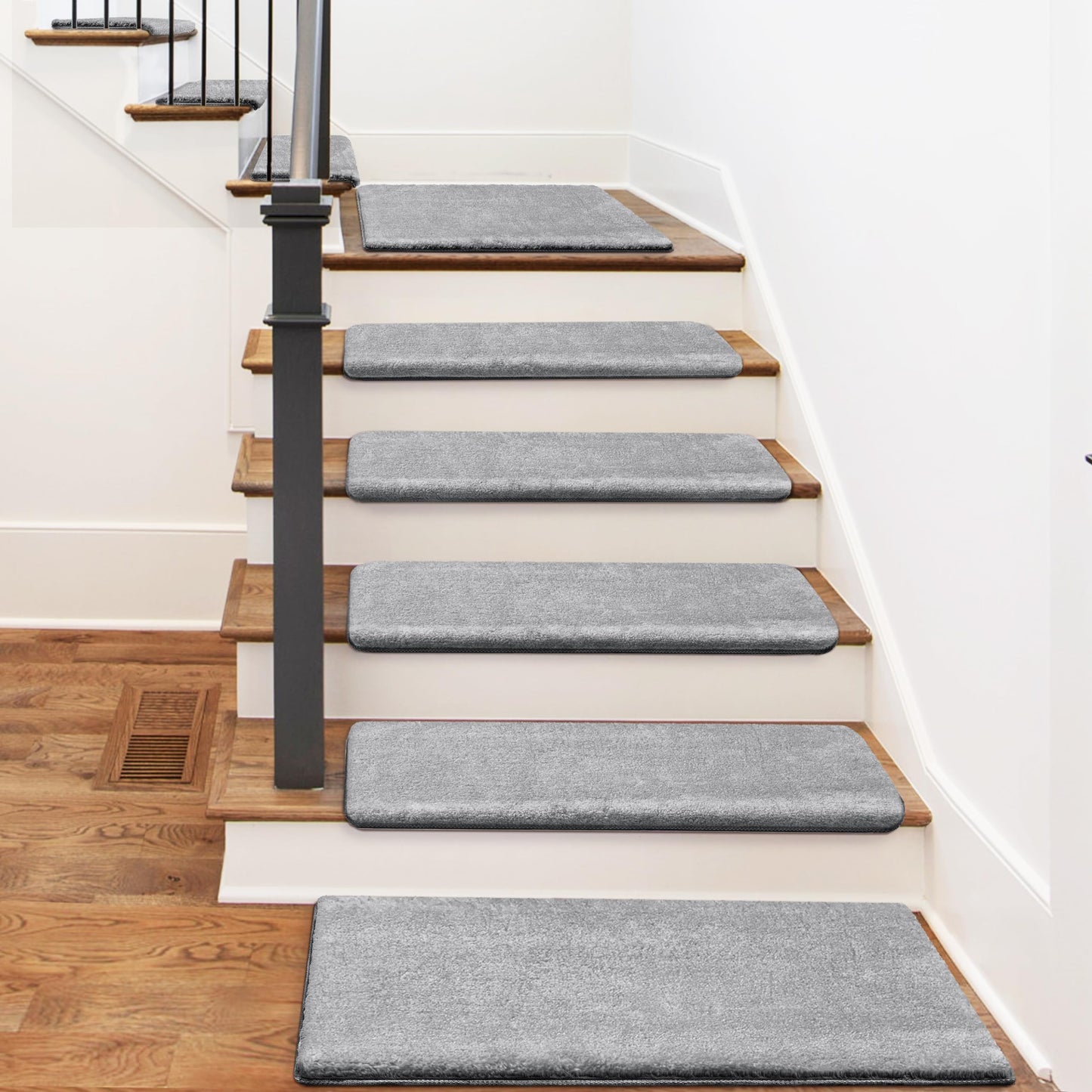 PURE ERA Carpet Stair Treads Ultra Plush 9.5" X 30"Soft Bullnose Indoor Stair Protectors Pet-Friendly Non-Slip Skid Resistant Tape Free Washable Reusable(14 Pieces,Gray)