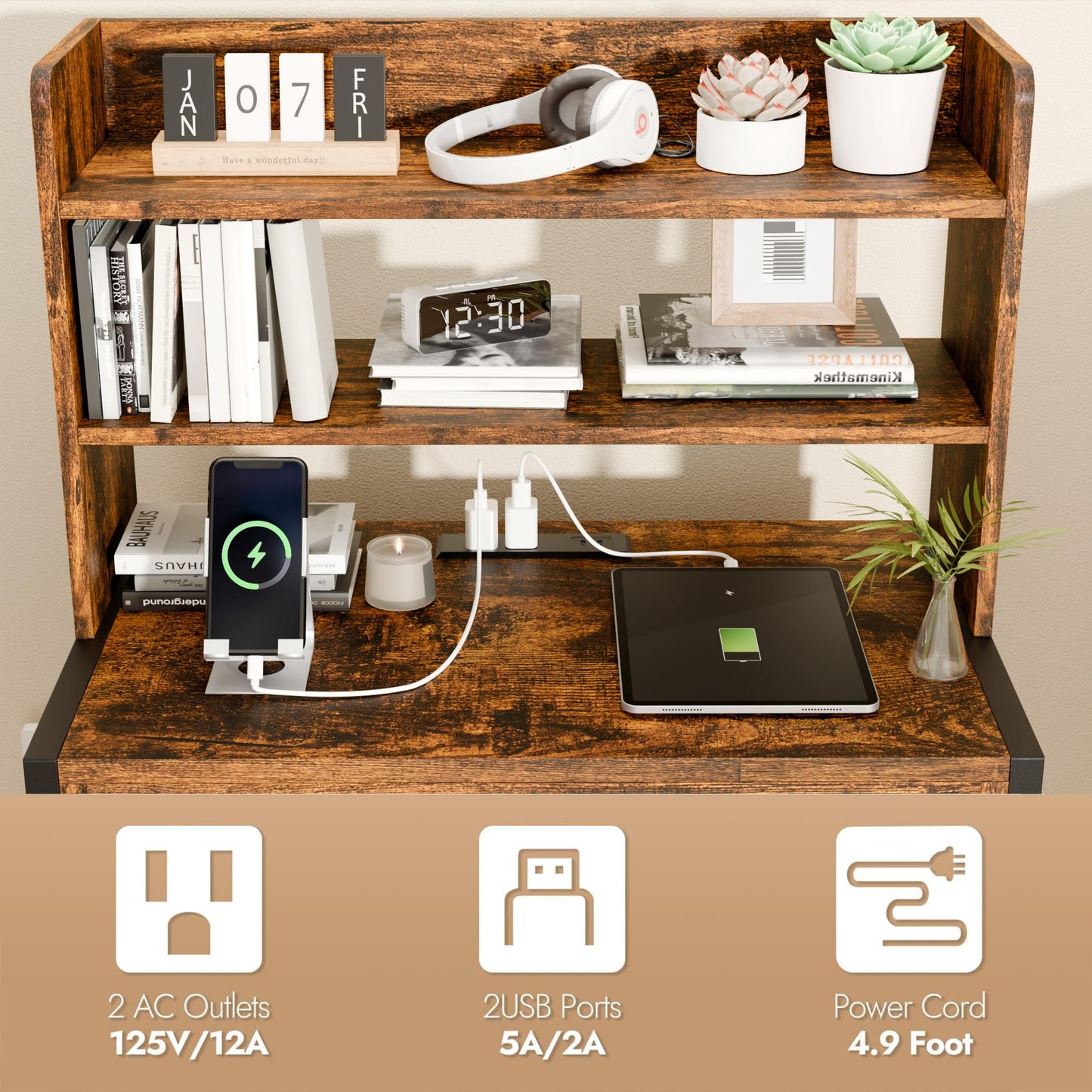 PATAVOT 24 Inch Wide Night Stand, Large Wooden Night Stand with 2 Adjustable Drawes, Tall Nightstand with 4-Tier Shelves and Charging Station, Bedside Table for Living Room/Bedroom/Office, Retro.