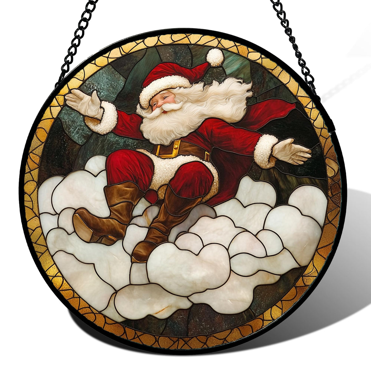 Stained Glass Window Hanging - Red White Santa Claus Clouds Suncatcher for Doors Home Christmas Decoration Sun Catcher Thanksgiving New Year Birthday Gifts for Friend Women Men Mom Nana 9.8 in