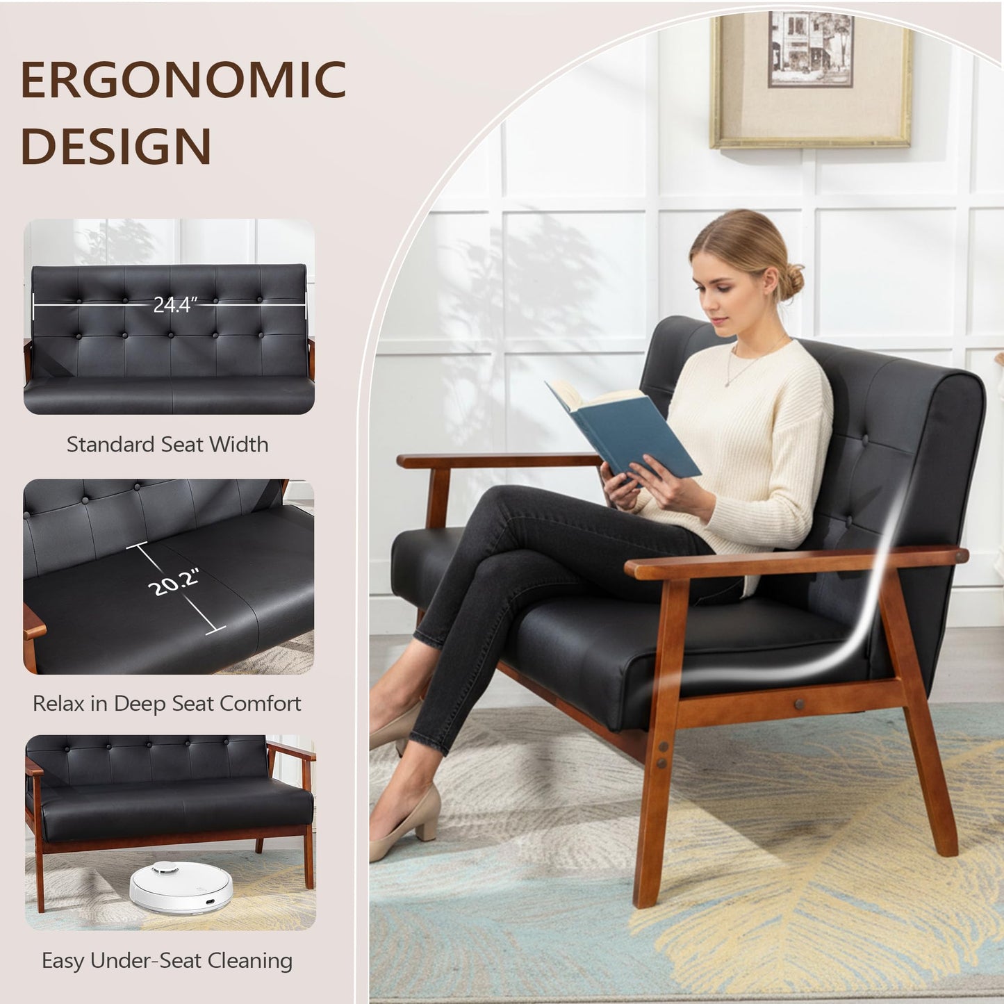 JIASTING Mid Century 1 Loveseat Sofa and 2 Accent Chairs Set Modern Wood Arm Couch and Chair Living Room Furniture Sets (8428 Black Set)