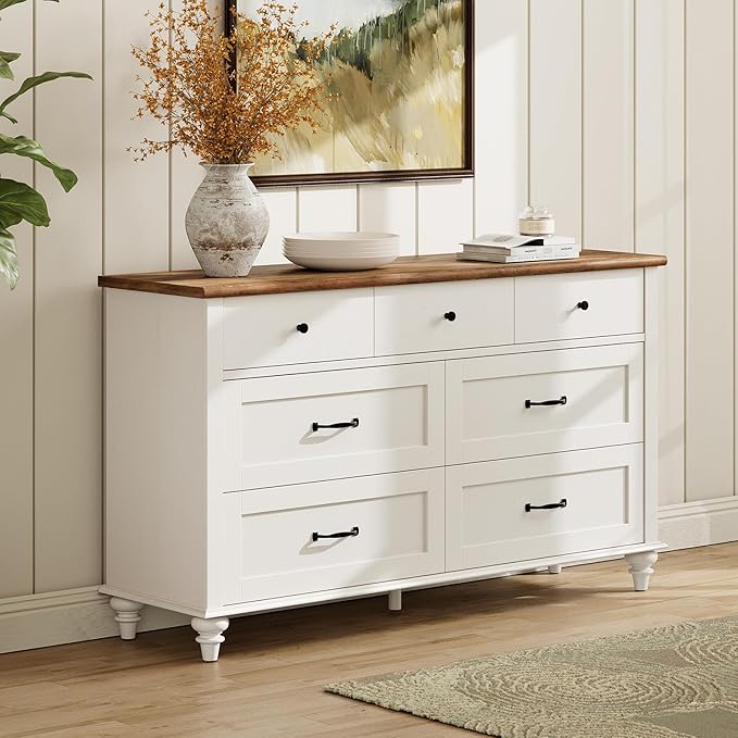 WAMPAT 7 Drawer Dresser for Bedroom, Wide Wooden Chest of Drawers Distressed