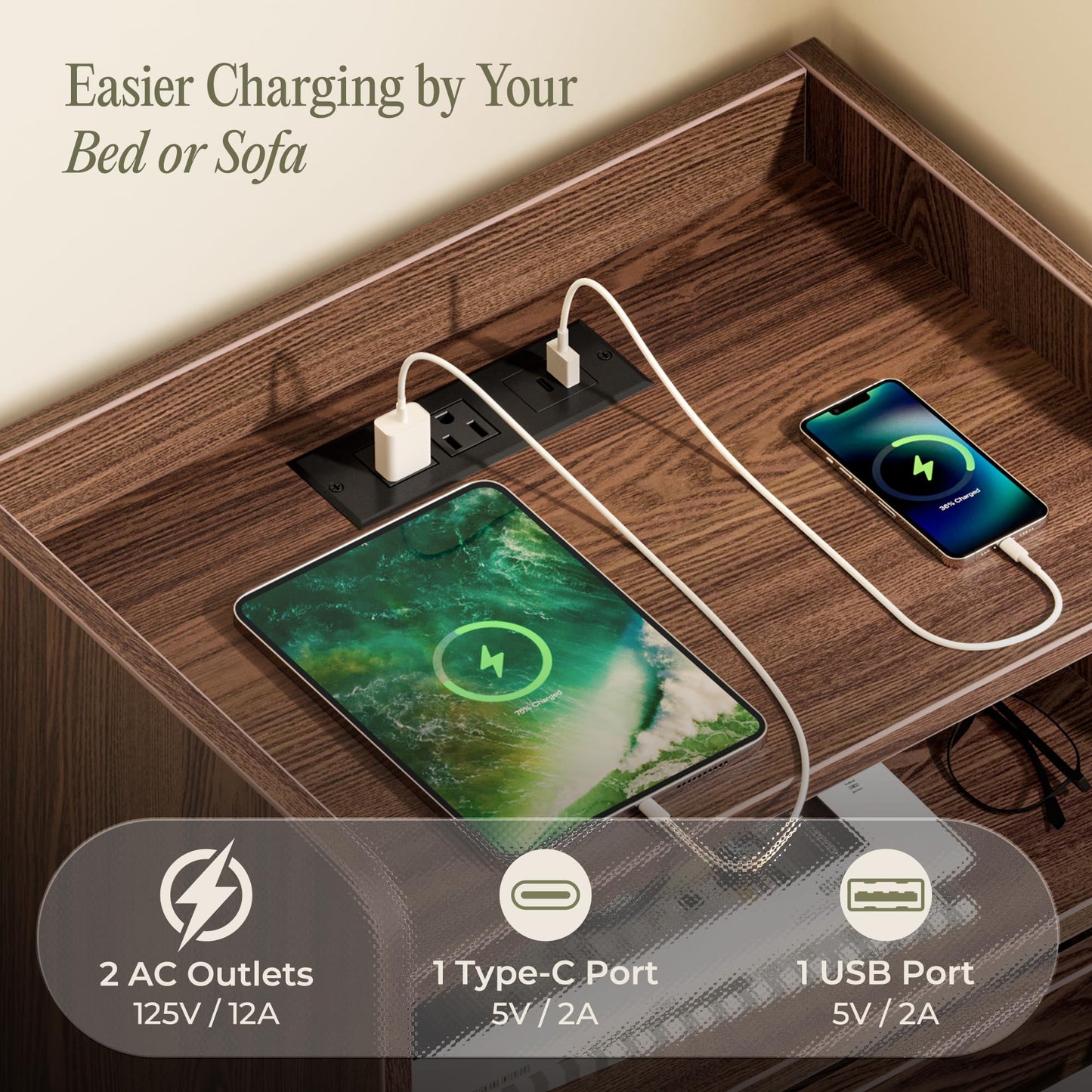 Huuger Nightstand with Charging Station, USB-C Port, Fluted Night Stand Set of 2, Bed Side Table with Drawer, Solid Wood Feet, Open Storage, End Table with Raised Edge, for Bedroom, Walnut