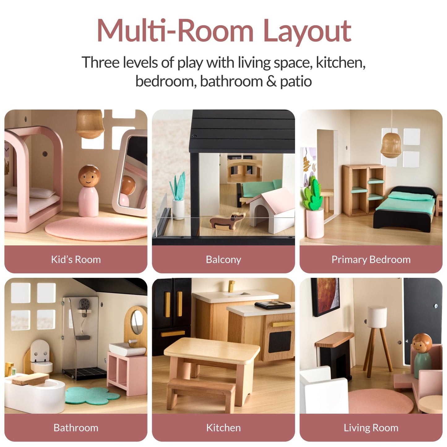 Best Choice Products Modern Wooden Dollhouse for Kids, 3-Story Doll House with 40 Furniture Accessories, Interactive Dollhouse Set with Dolls, Multi-Room Design for Girls & Boys - Black