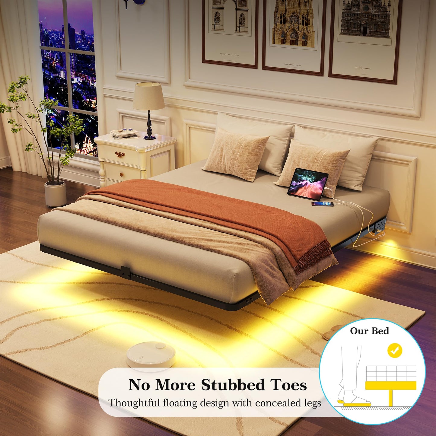 FSJianYi Floating Bed Frame with LED Lights and Charging Station - Modern Metal Platform Bed Frame - Noise Free No Box Spring Needed and Easy Assembly (Full)