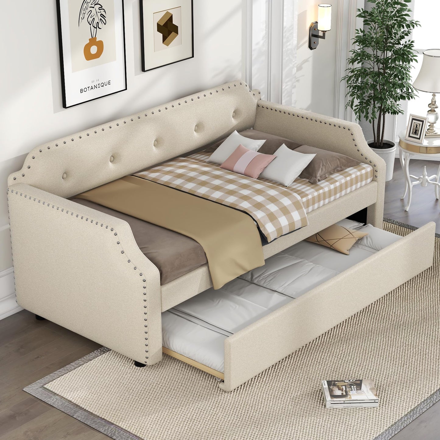 Upholstered Daybed with Trundle, Daybed Couch with Nailhead Decor and Button Tufted Design, Trundle Day Bed with Wood Slat Support, Mid Century Daybed for Living Room, Bedroom, Both Twin Size (Beige)