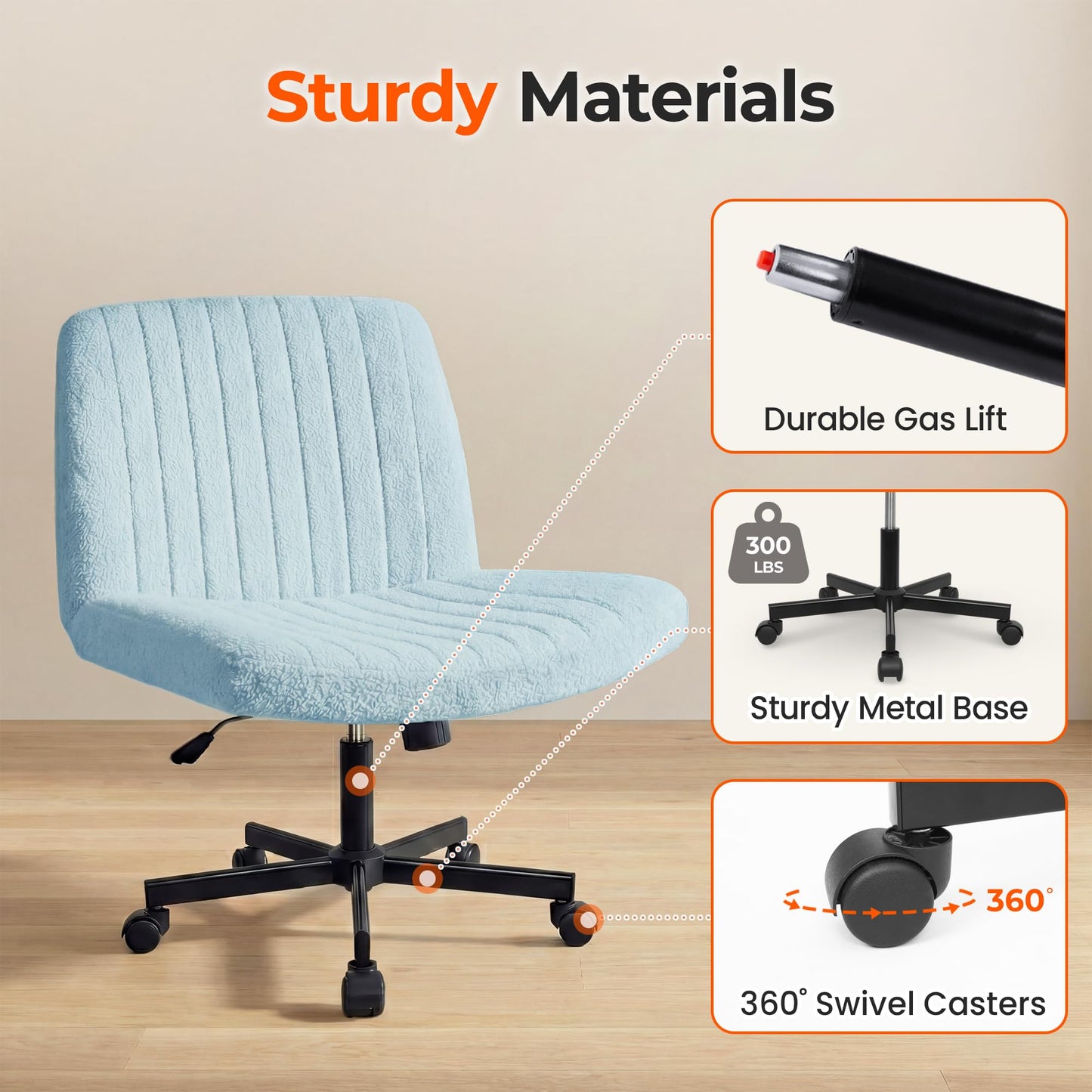 Orange Factory Criss Cross Chair Wheels Vanity Chair Office Desk Comfy Wide Cross Legged Armless Teddy Fabric Adjustable Swivel for Home Computer Task (Blue, Teddy Fleece)