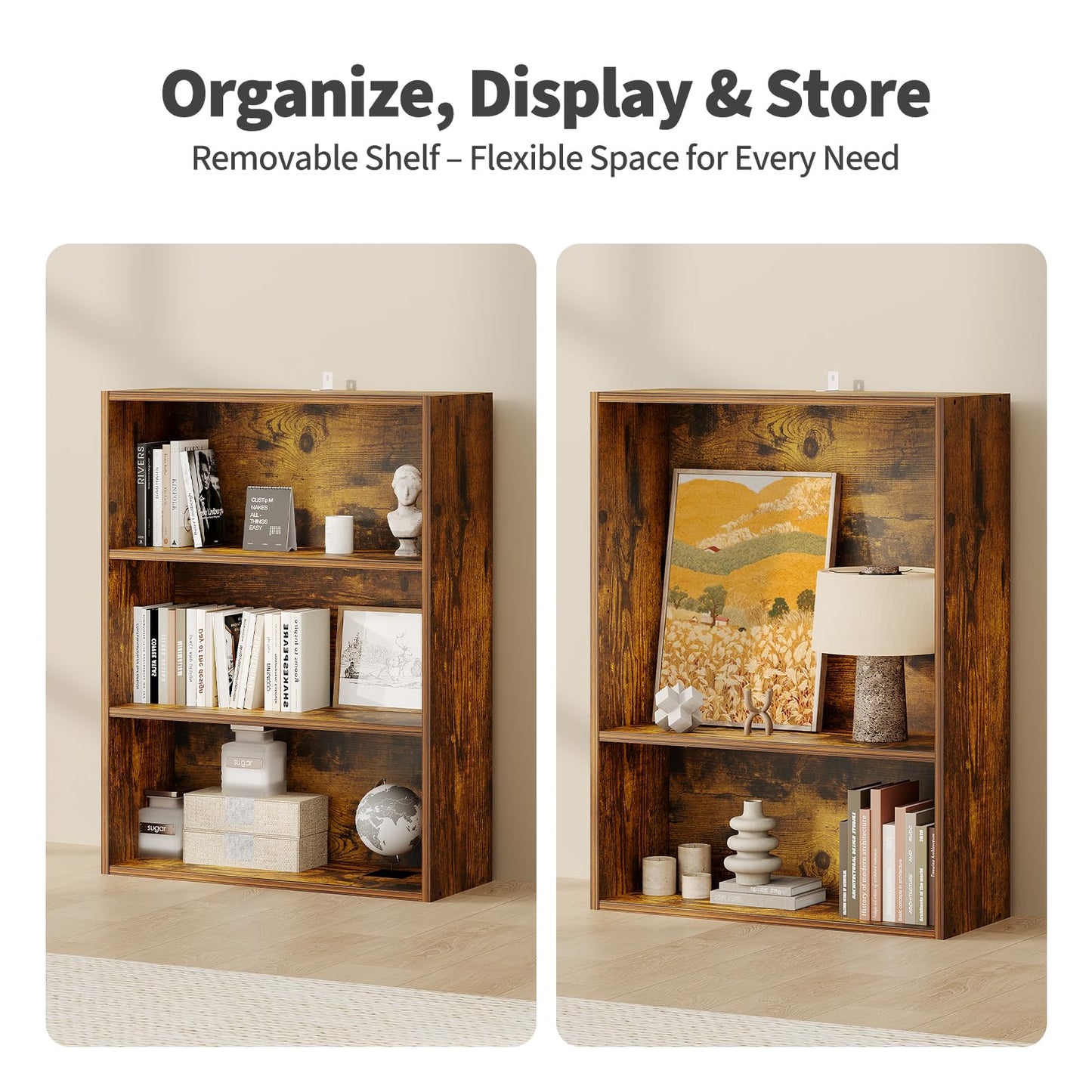 Sweetcrispy Industrial 3 Shelf Bookcase - Large 31.5 Inch Tall Floor Standing Open Bookshelf for Home Office, Living Room, and Bedroom Storage, Display Organizer, Brown