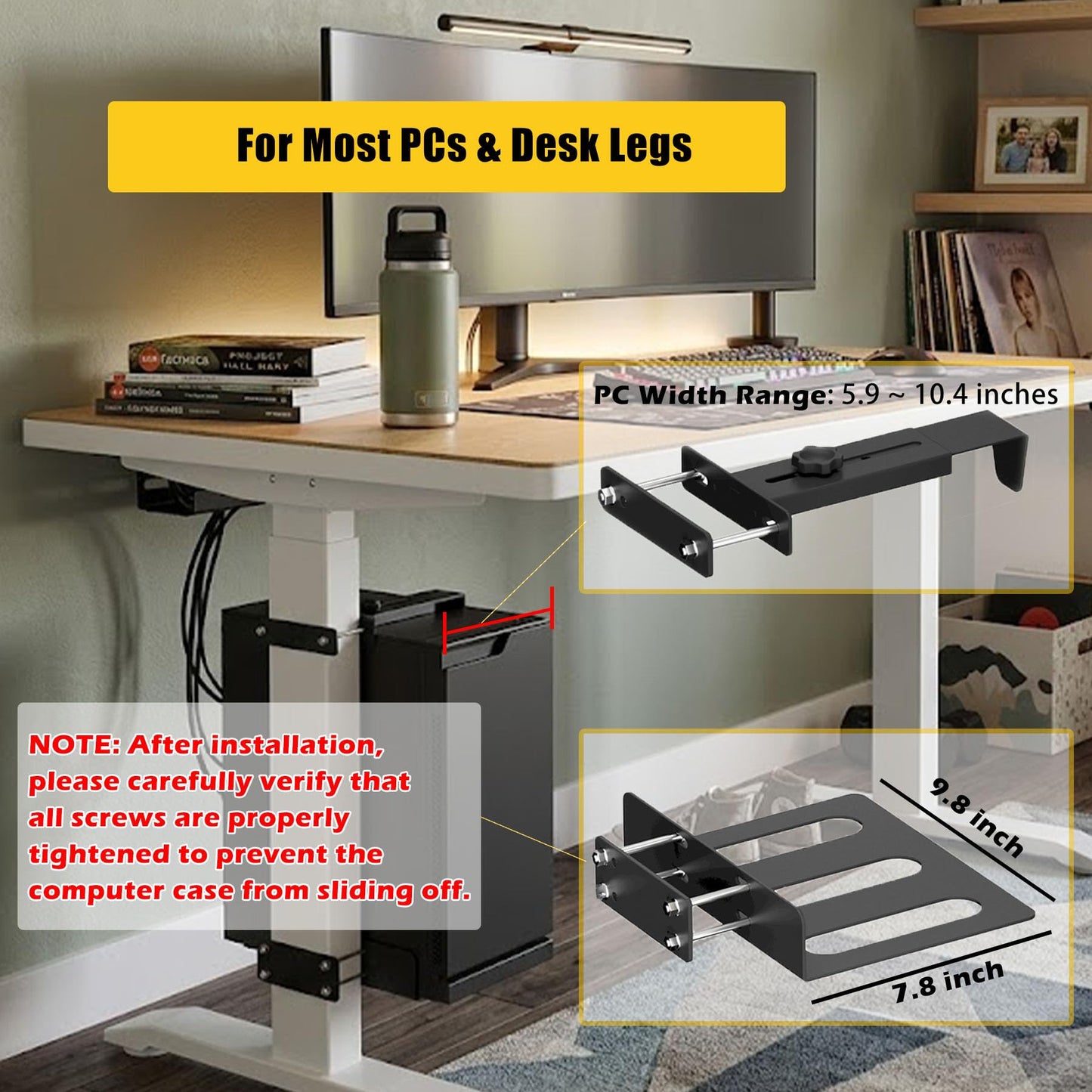 Under Desk PC Mount for Standing Desk, No Drilling Clamp-On CPU Holder with 10 Cable Clips, Heavy Duty Adjustable Computer Tower Stand Fits Most PC Cases up to 44lbs, Universal Gaming Desk Mount