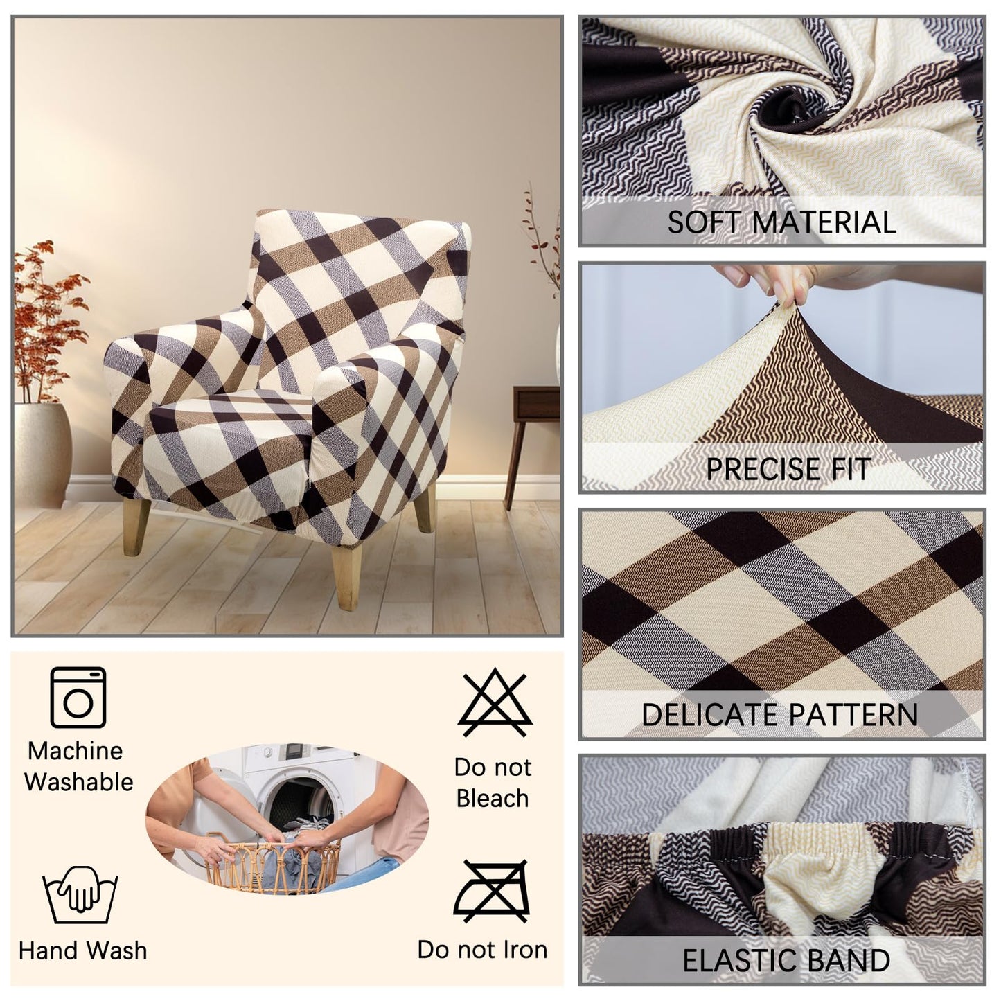 Adigau Printed Arm Chair Covers Stretch Armchair Slipcover Washable Furniture Protector Single Seat Couch Chair Cover for Living Room All-Season(Beige Plaid)