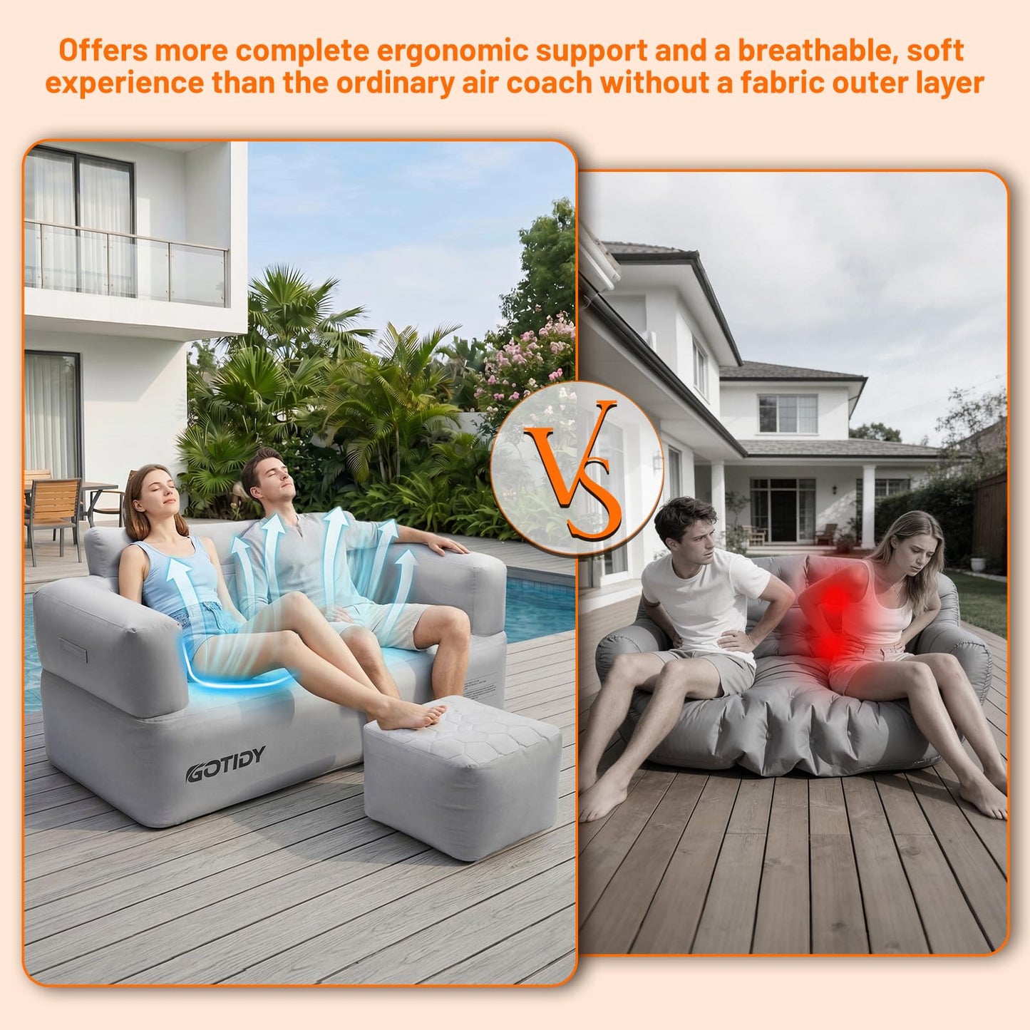 GOTIDY Inflatable Couch Loveseat with Footstool, Camping Couch with Detachable Built-in Pump, Inflatable Sofa with Breathable, Puncture-Resistant Fabric Texture Cover, Camping, Beach, Backyard Party