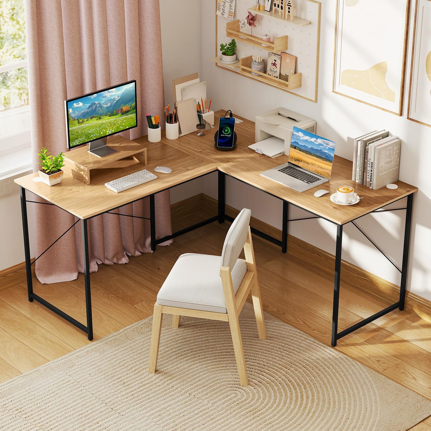 Tangkula L-Shaped Computer Desk with Power Outlets, 95” Long 2-Person Desk with Monitor Shelf, Modern Corner Desk Gaming Table with USB Ports for Home Office