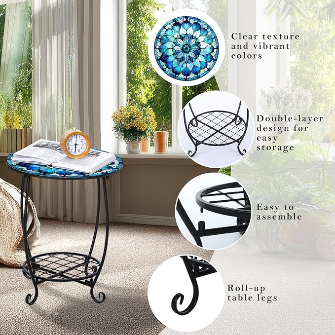 Cinnvoice Outdoor Side Table Round Small Mosaic Patio Accent Indoor End Plant