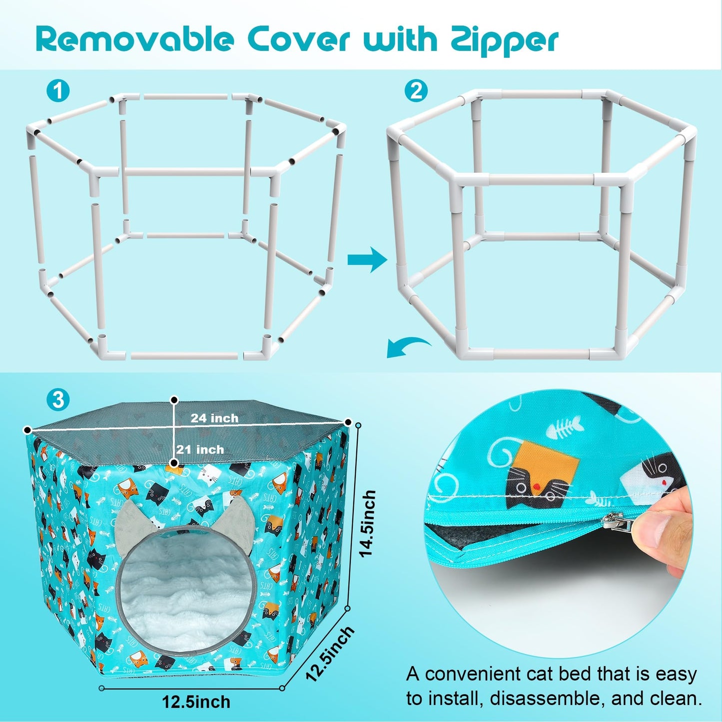 Cat Beds for Indoor Cats, Elevated Cat Hammock Bed, Hexagon Cat House with Breathable Mesh & Non-slip Bottom, Large Cat Cave Hanging Cat Bed for Indoor and Outdoor Use, 24'' x 21'' x 14.5''