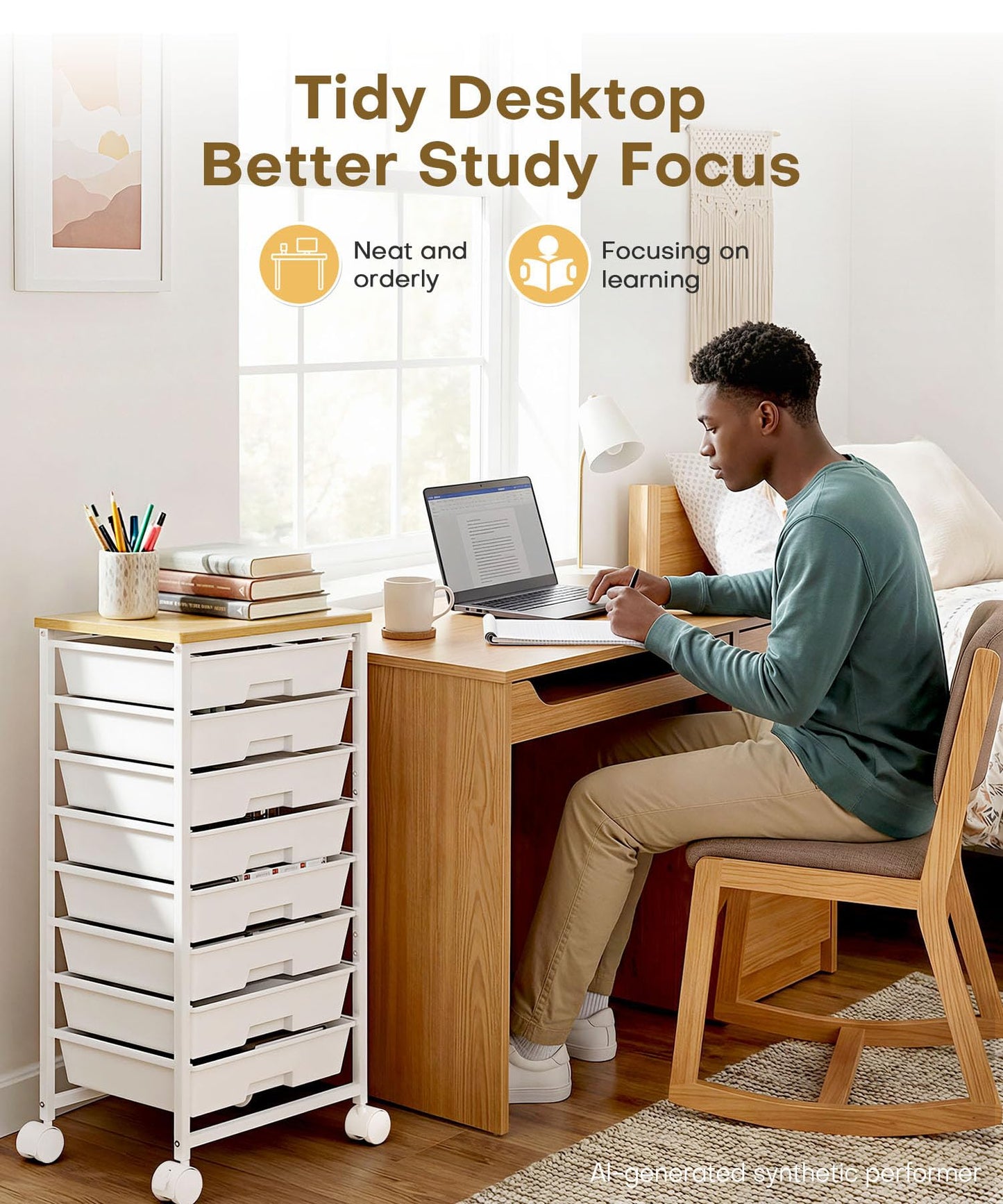 Homde Rolling Storage Drawer Cart: 8-Drawer Sort to Clear Desk & Dresser Clutter - Anti-Fall Smooth Glide Prevents Spill-Out During Daily Grab - Lockable Wheels Keep It Steady