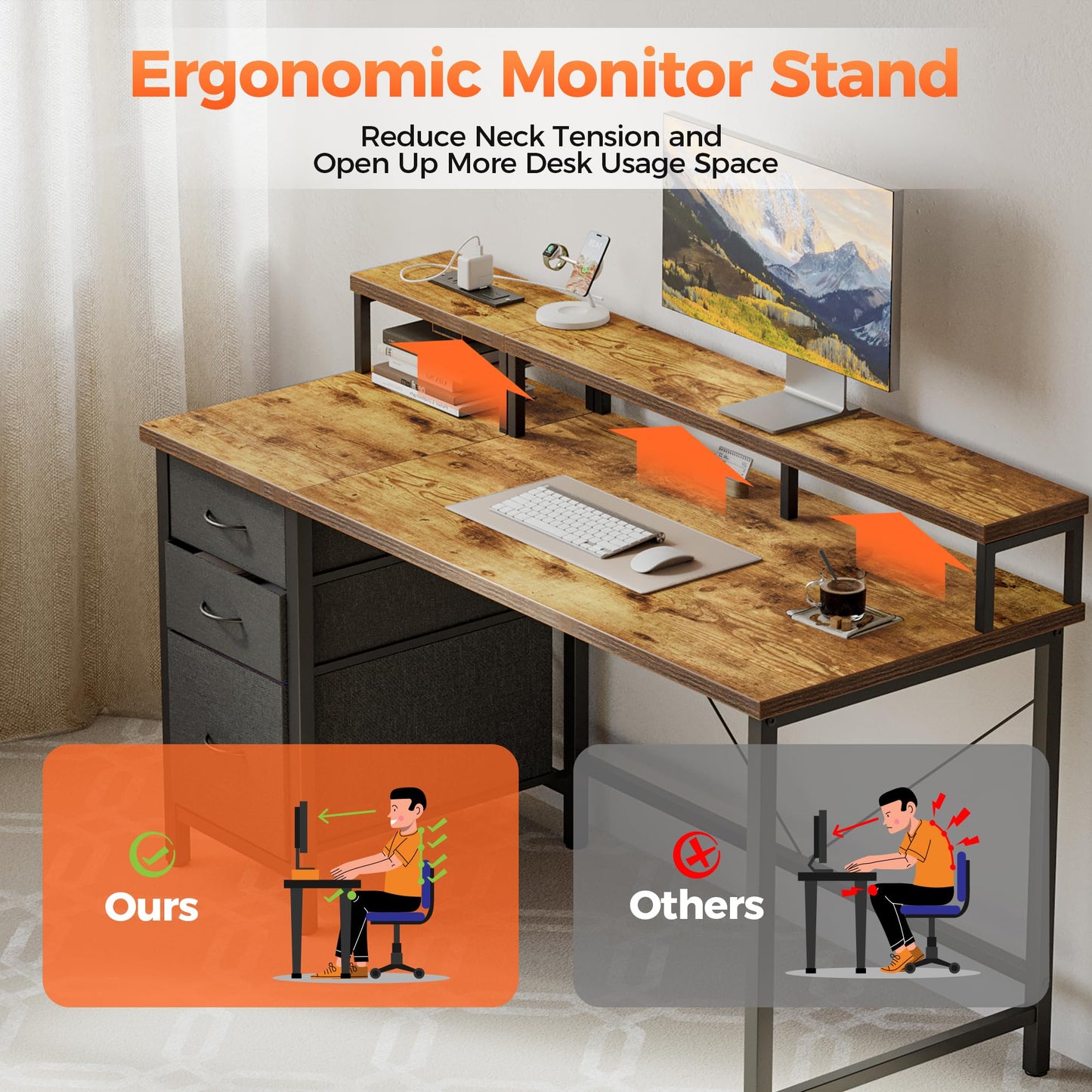 Mericonia 63 inch Computer Desk with Storage Drawers & Monitor Stand, Reversible Gaming Desk with LED Lights & Power Outlets, Large Gaming Table for Home Office