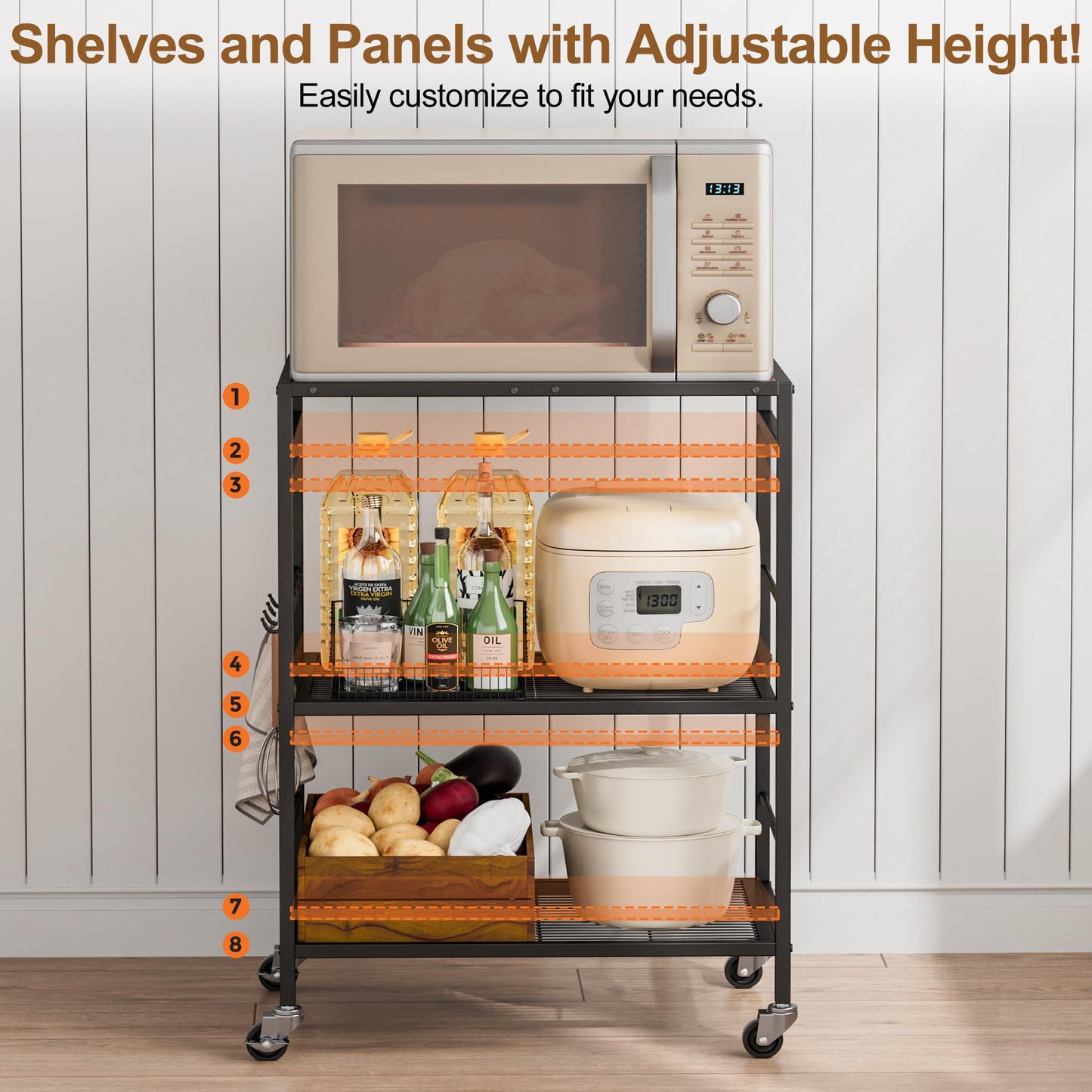 XIVIRACK 3-Tier Kitchen Cart with Adjustable Shelves - Microwave Storage Cart & Utility Rolling Organizer, Industrial Wheels for Small Spaces, 15.7"x23.6"x33.7" Kitchen Office Living Room Metal Rack