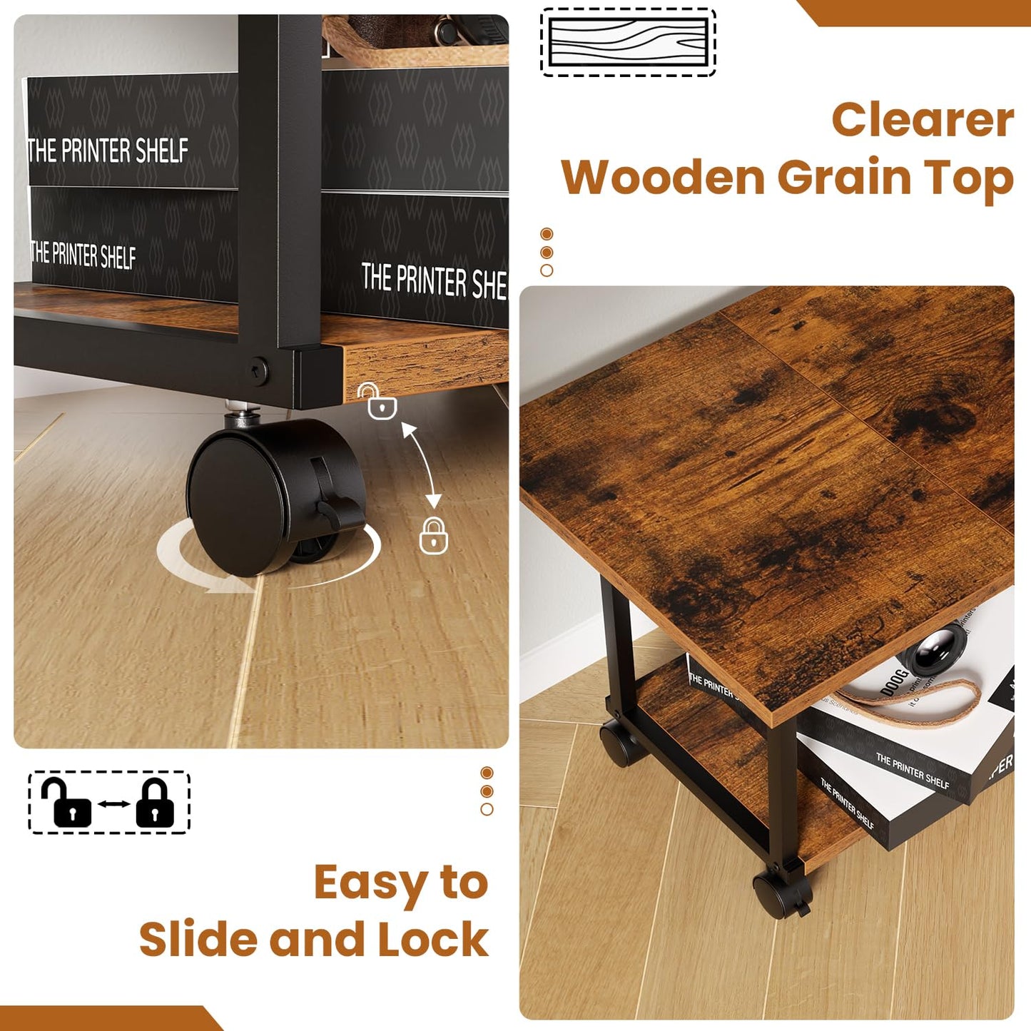 Asgolion Printer Table, 2-Tier Under Desk Printer Stand, Printer Stand with Wheels, Printer Shelf for Small Spaces, Printer Cart for Home Office Rustic Brown