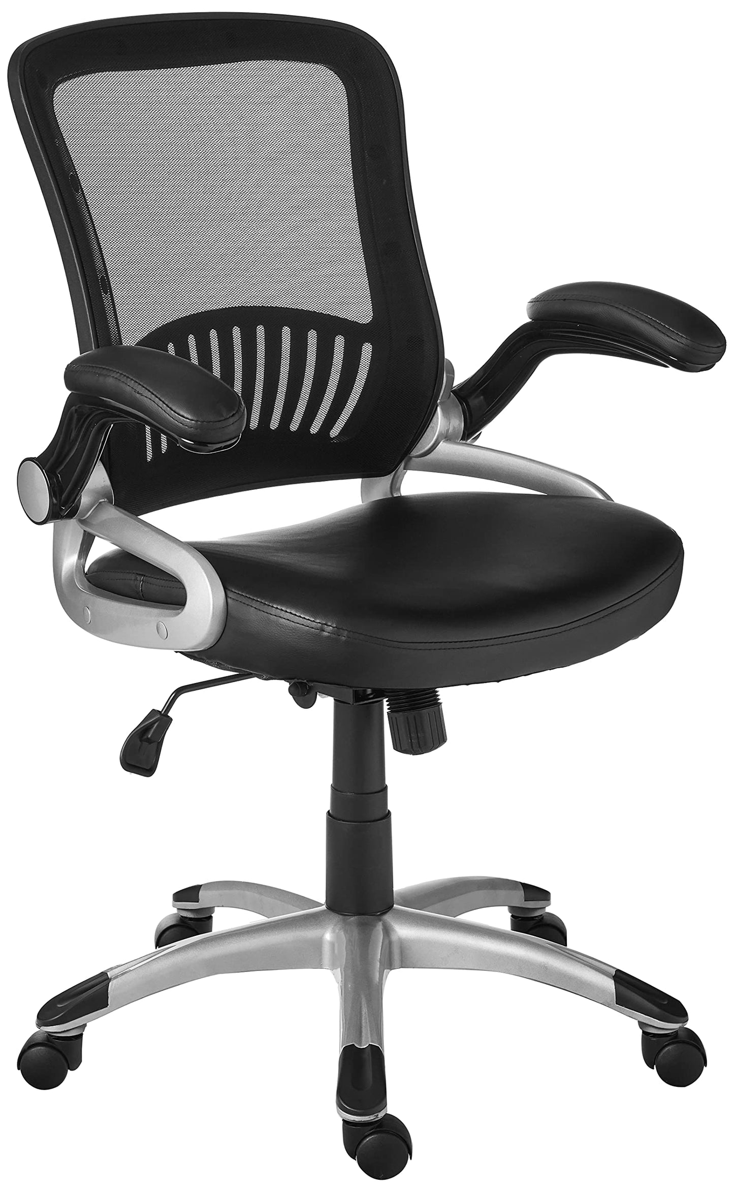 Office Star EM Series Bonded Leather Manager's Adjustable Office Desk Chair with Thick Padded Seat and Built-in Lumbar Support, Black with Silver Finish
