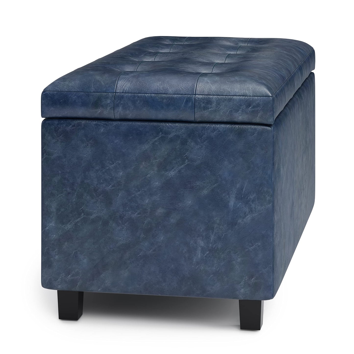 SIMPLIHOME Cosmopolitan Storage Ottoman - 34 inch Wide Upholstered Vegan Leather Rectangle Storage Ottoman Bench in Denim Blue, Transitional Tufted Ottoman for Living Room or Entryway with Lift-Up Lid